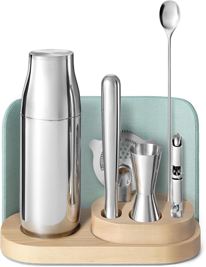 9-Piece Complete Bar Set - Cocktail Shaker, Jigger, Muddler, Wine Key & Organizer