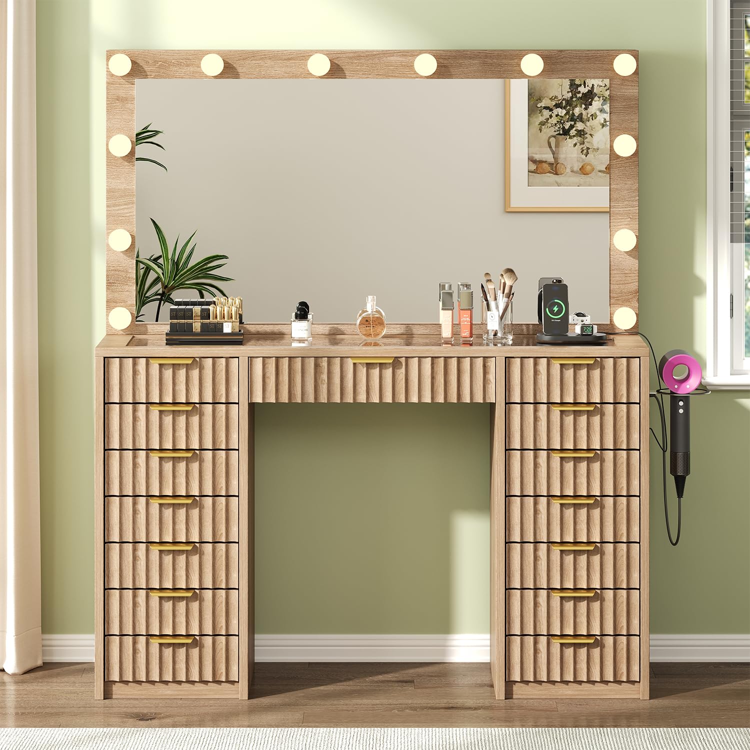 15 Drawer Fluted Vanity Desk with Glass Top and LED Mirror
