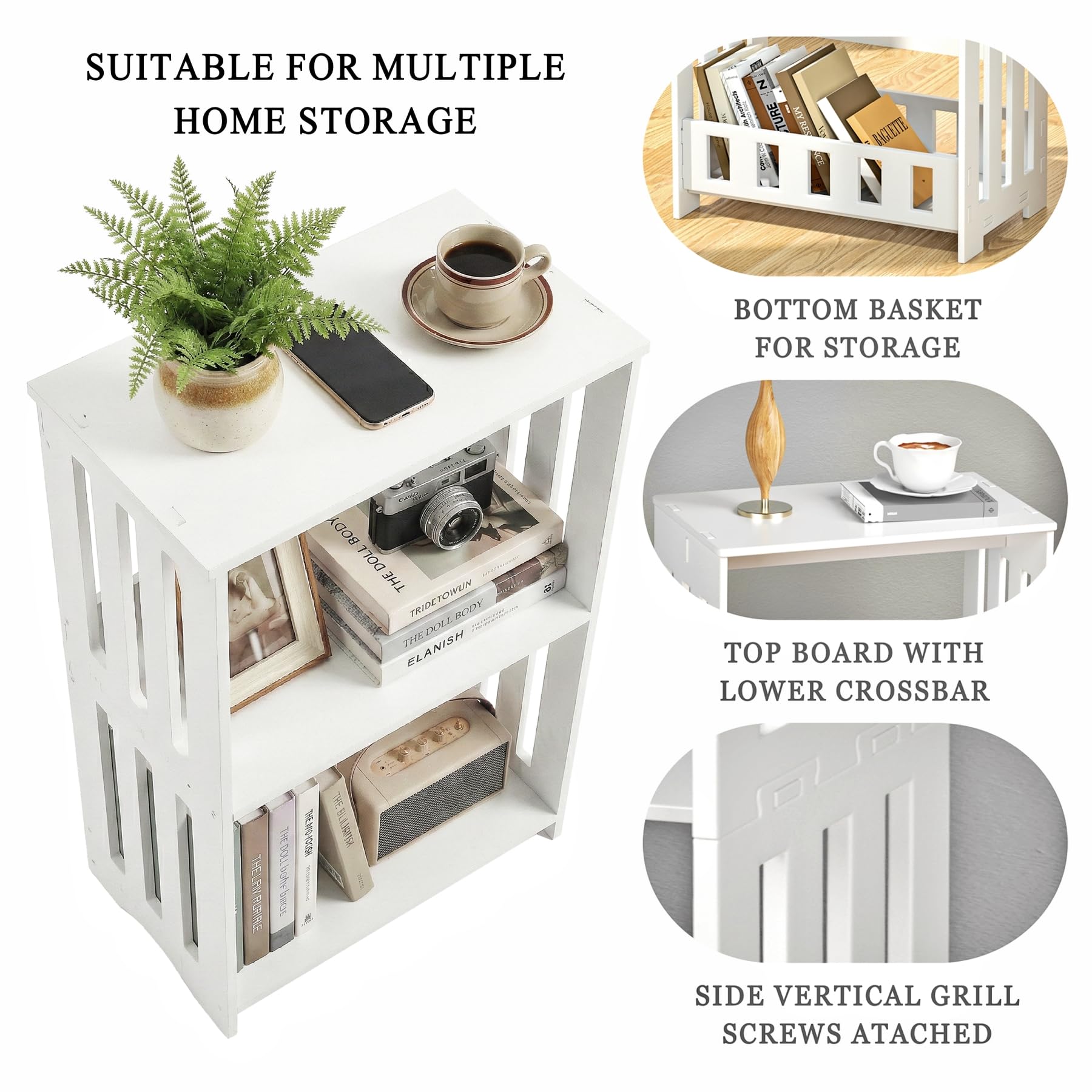 3-Tier White End Table with Storage