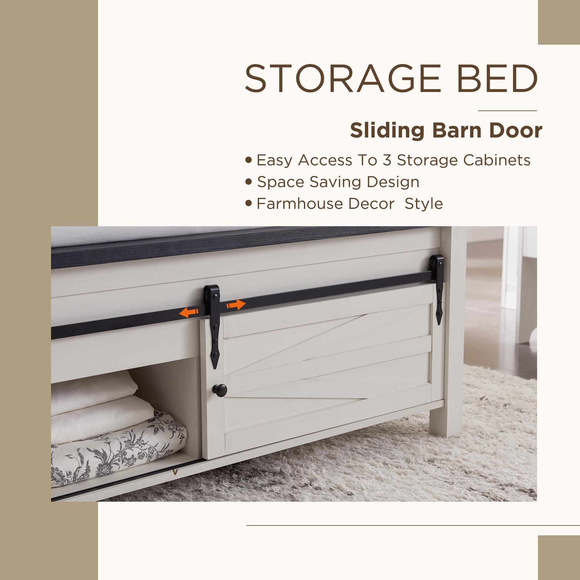 Farmhouse Wood Bed Frame Queen Size with Storage Cabinets