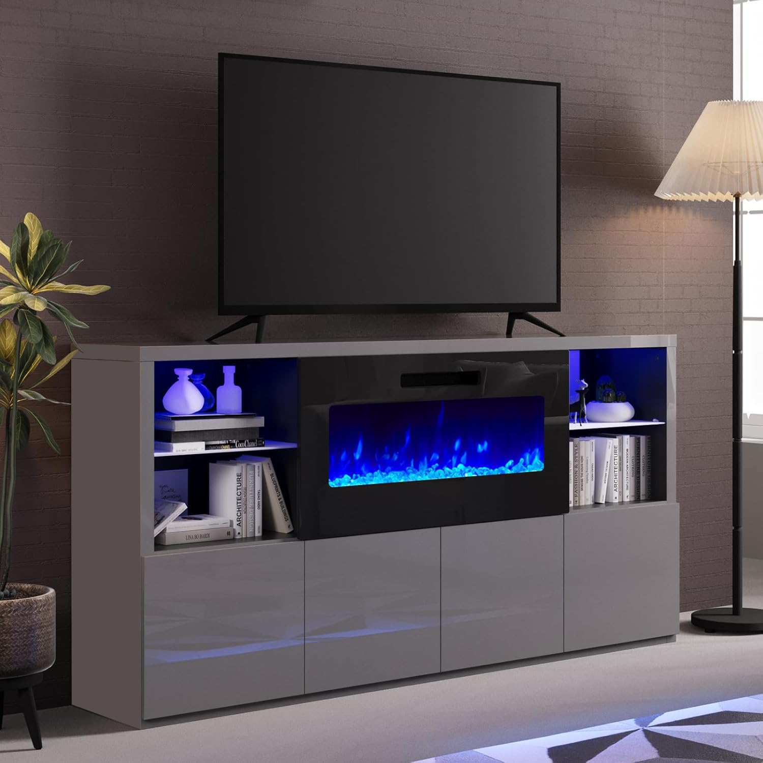 68" High Gloss Fireplace TV Stand with LED Lights