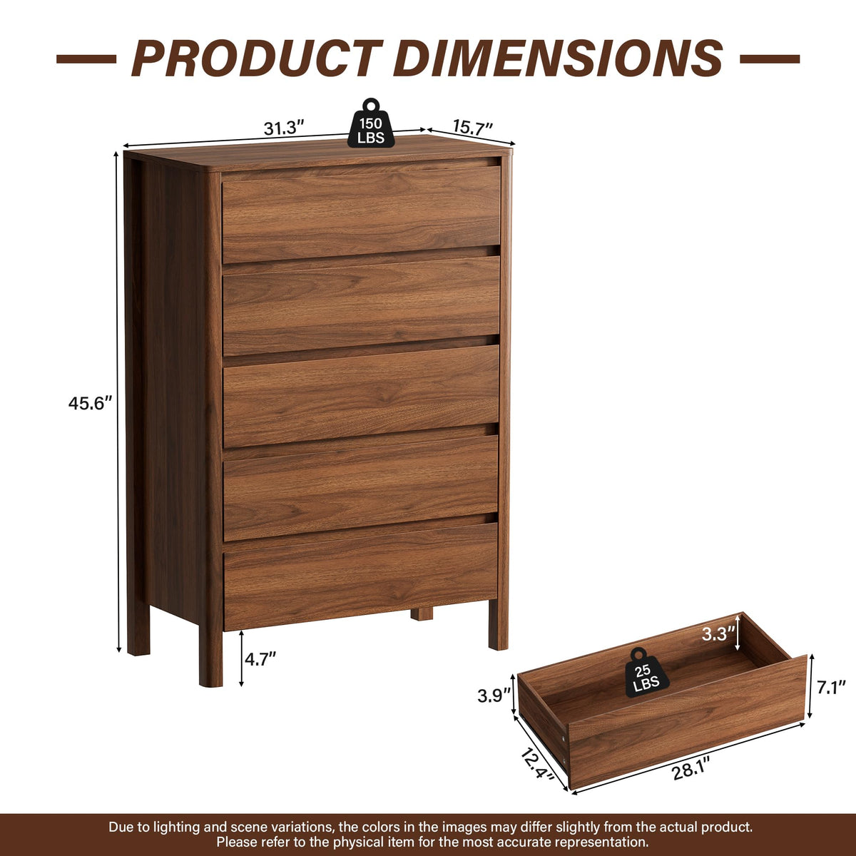 5-Drawer Tall Wood Dresser with Legs – Mid-Century Modern Walnut Chest of Drawers, 45.6"