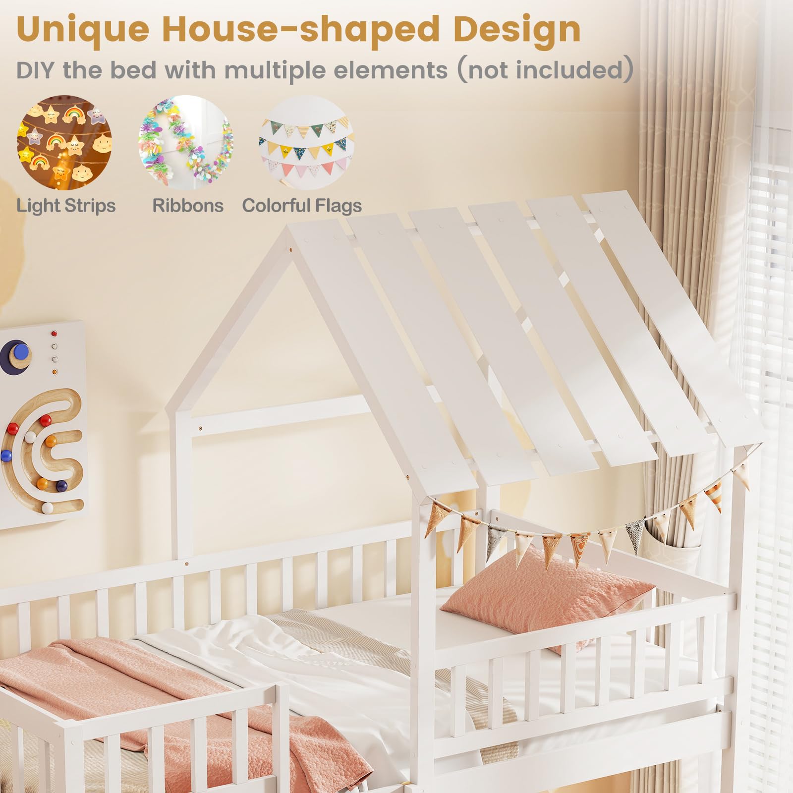 Twin Over Twin House Bunk Bed with Roof