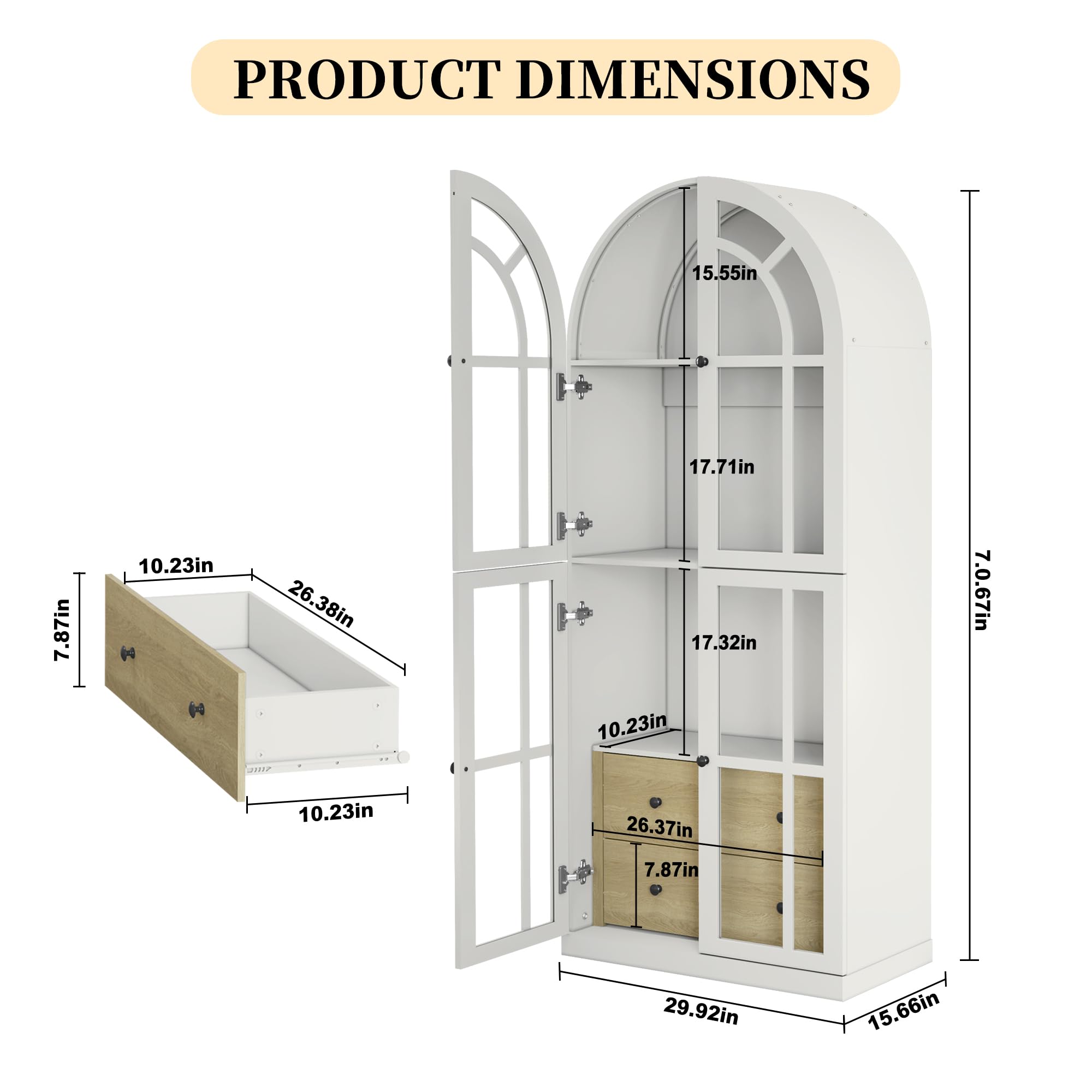 Arched Cabinet with Glass Doors and Drawers