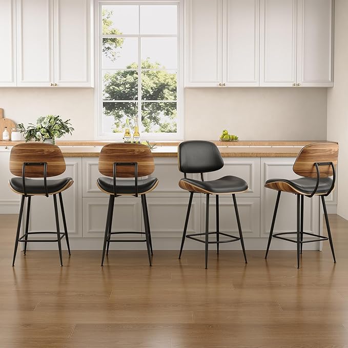 Mid Century Modern Barstool Set of 2 - PU Leather Counter Height Stools with Walnut Bentwood Back