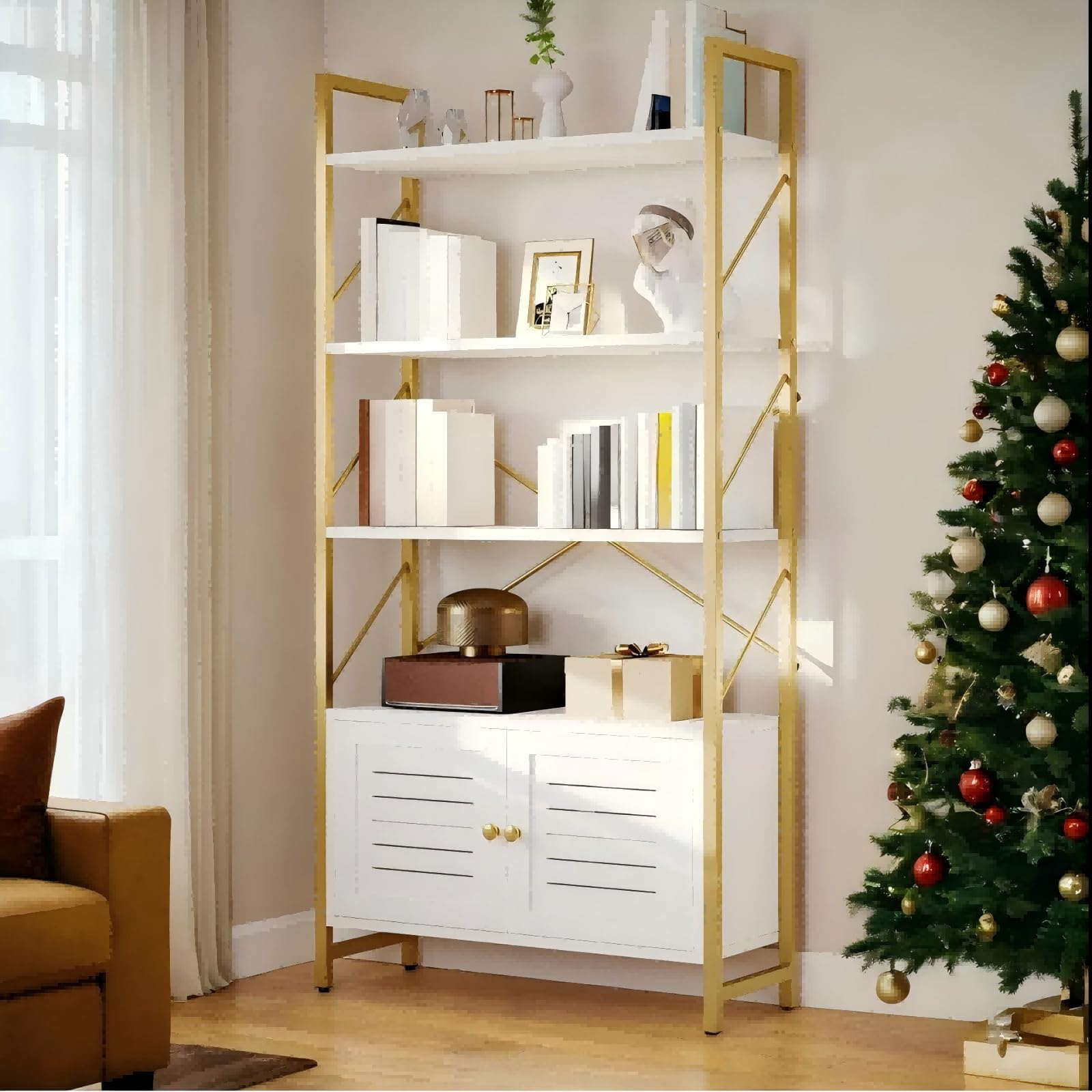 Gold & White Modern Bookshelf with Storage