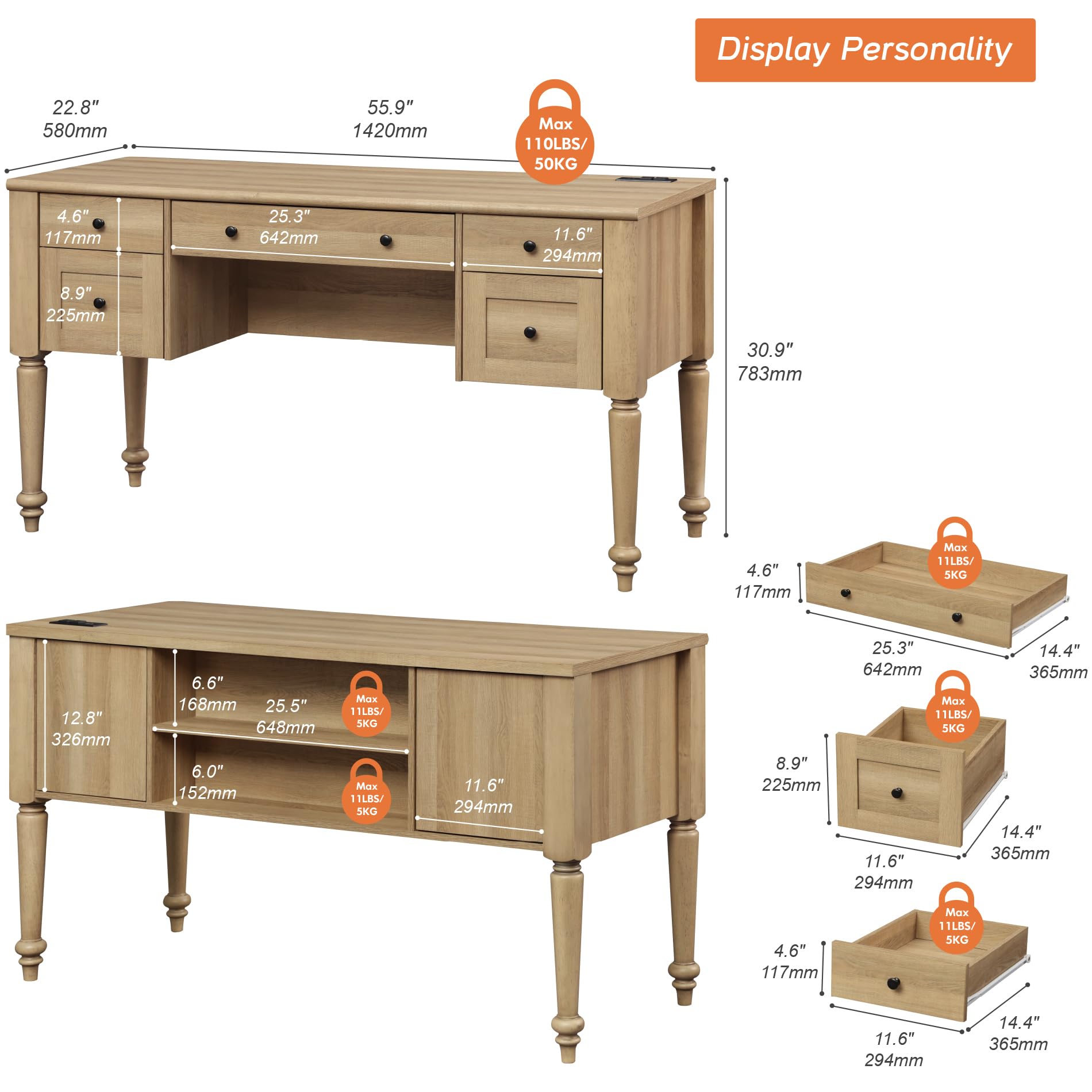 Farmhouse Executive Desk with 5 Drawers and Charging Station