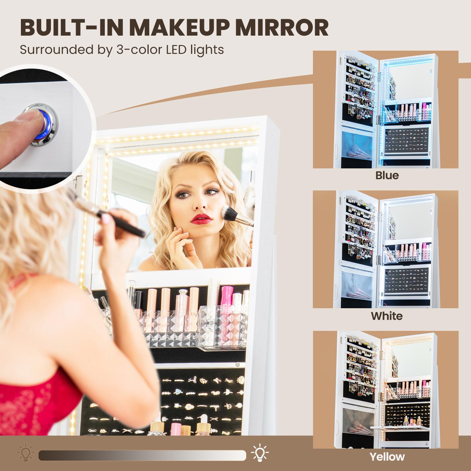 Swivel LED Mirror Jewelry Cabinet Armoire Full Length with Storage