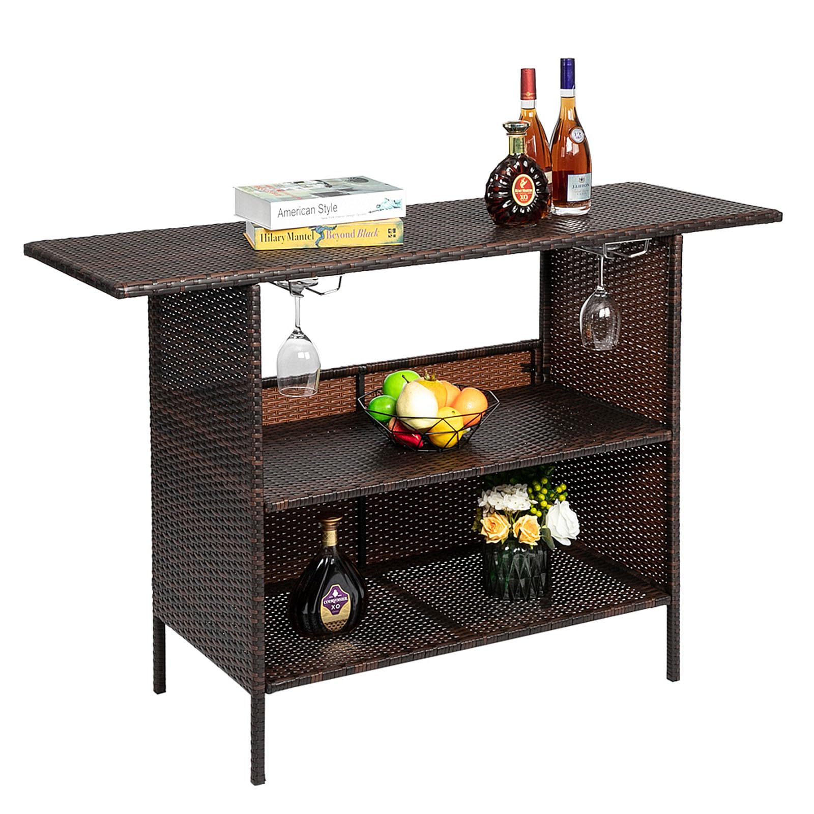 Outdoor Bar Counter Table with Storage Shelves and Wine Racks
