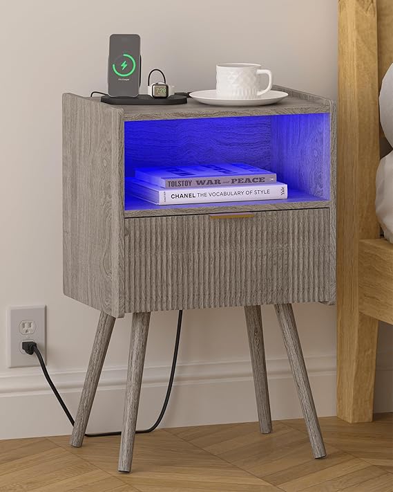 Pink Nightstand with Charging Station and LED Lights