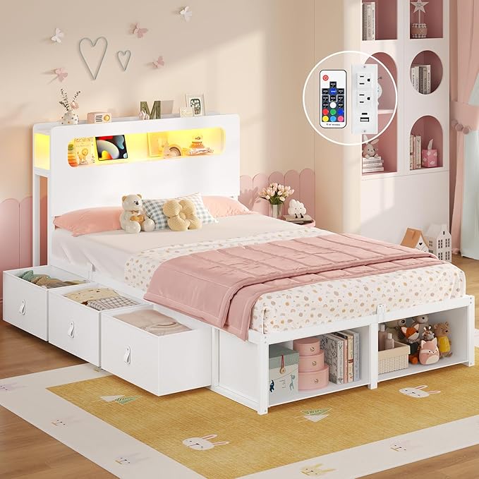 ADORNEVE Twin Bed Frame with 6 Storage Drawers & 2-Tier LED Headboard – Kids Boy Bed with Power Outlets & RGB Lights, 2 Footboard Cubbies– Space-Saving No Box Spring Needed, Black