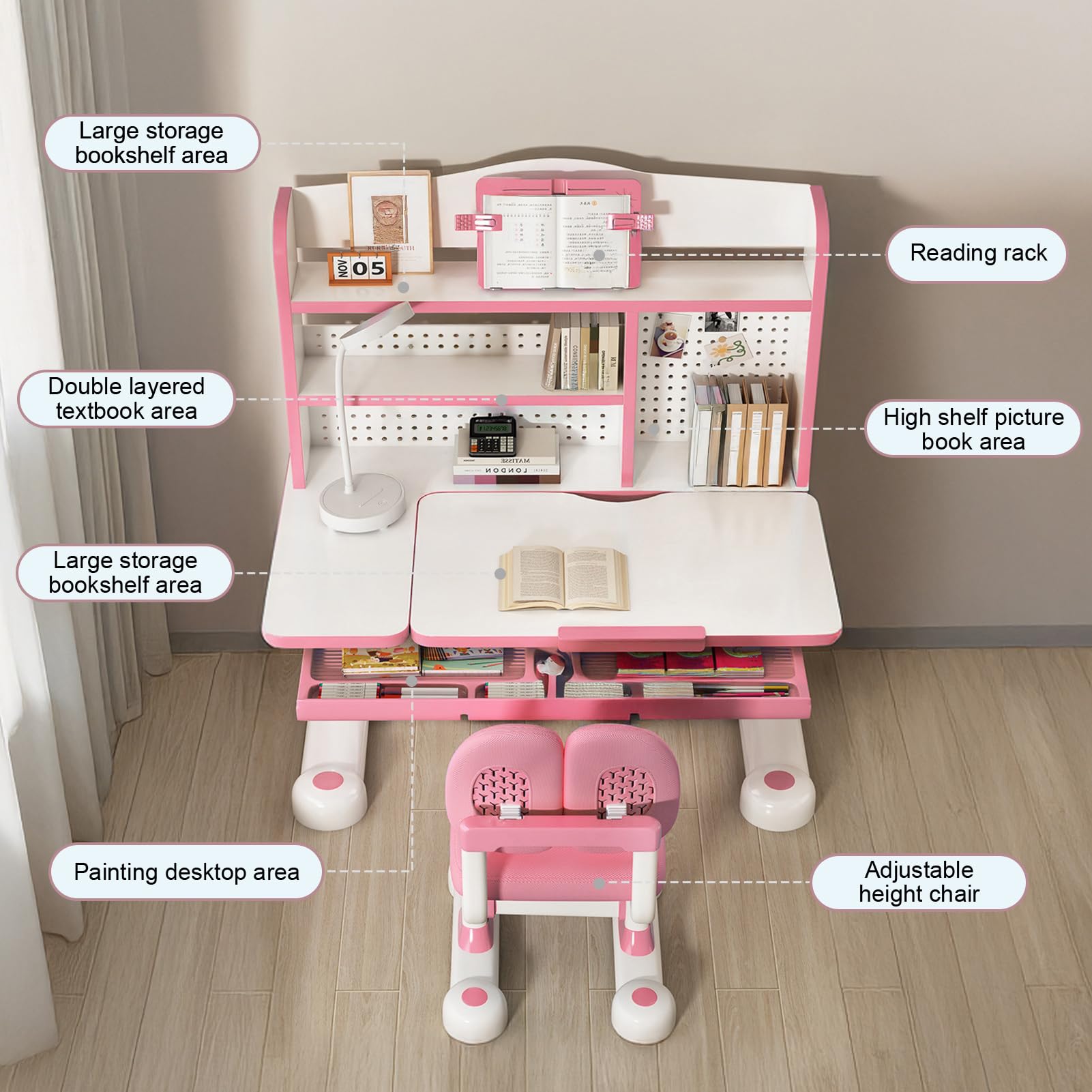 OYOWINGO Kids Functional Desk and Chair Set - Ergonomic Height Adjustable Art Desk for Bedroom with Tiltable Desktop, Book Stand, Reading Rack & Storage Drawer for Children Boys & Girls (013Pink)