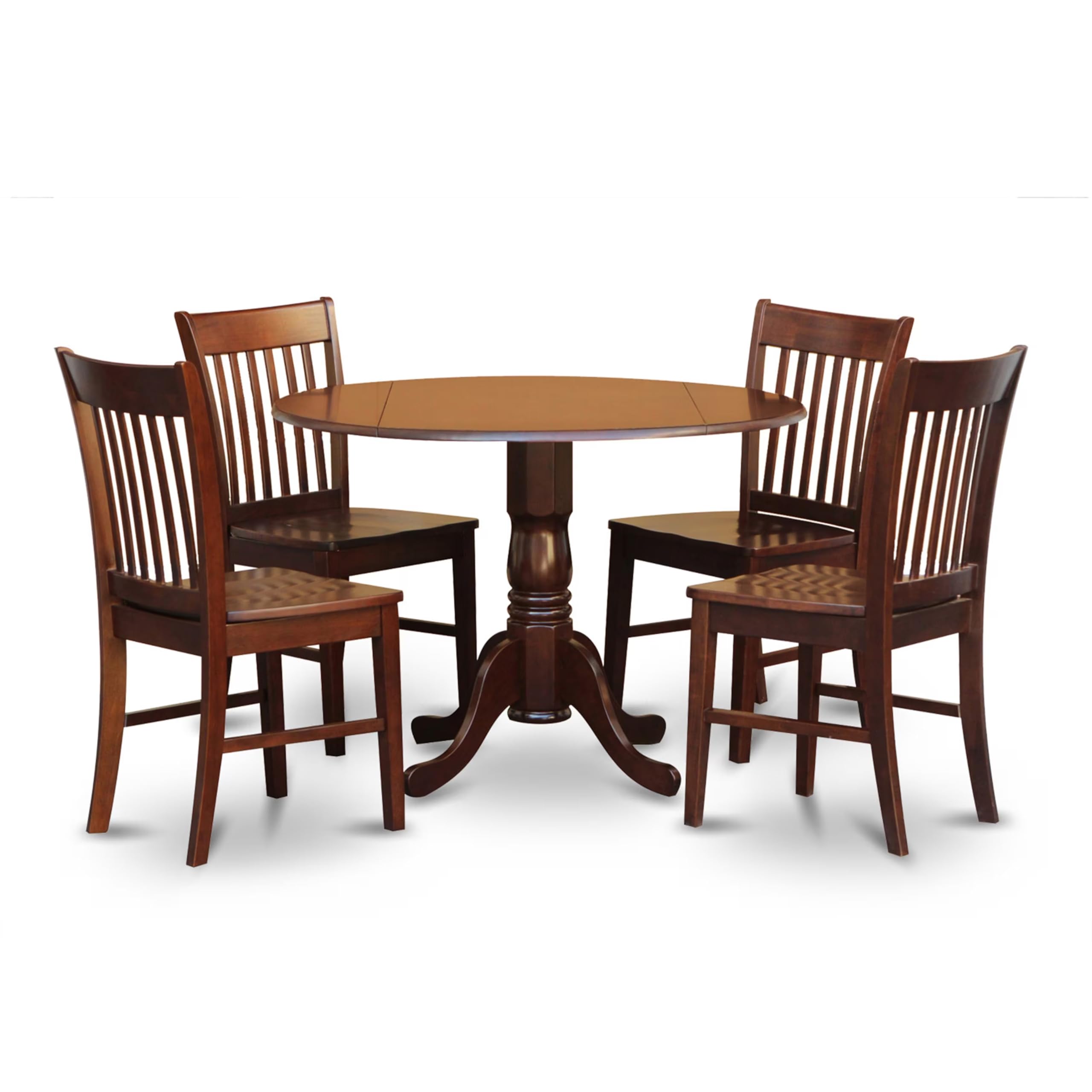 East West Furniture DLNO5-MAH-W 5 Piece Dining Room Table Set Includes a Round Dining Table with Dropleaf and 4 Wood Seat Chairs, 42x42 Inch, Mahogany