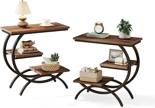 C-Shaped End Table with Storage Shelves