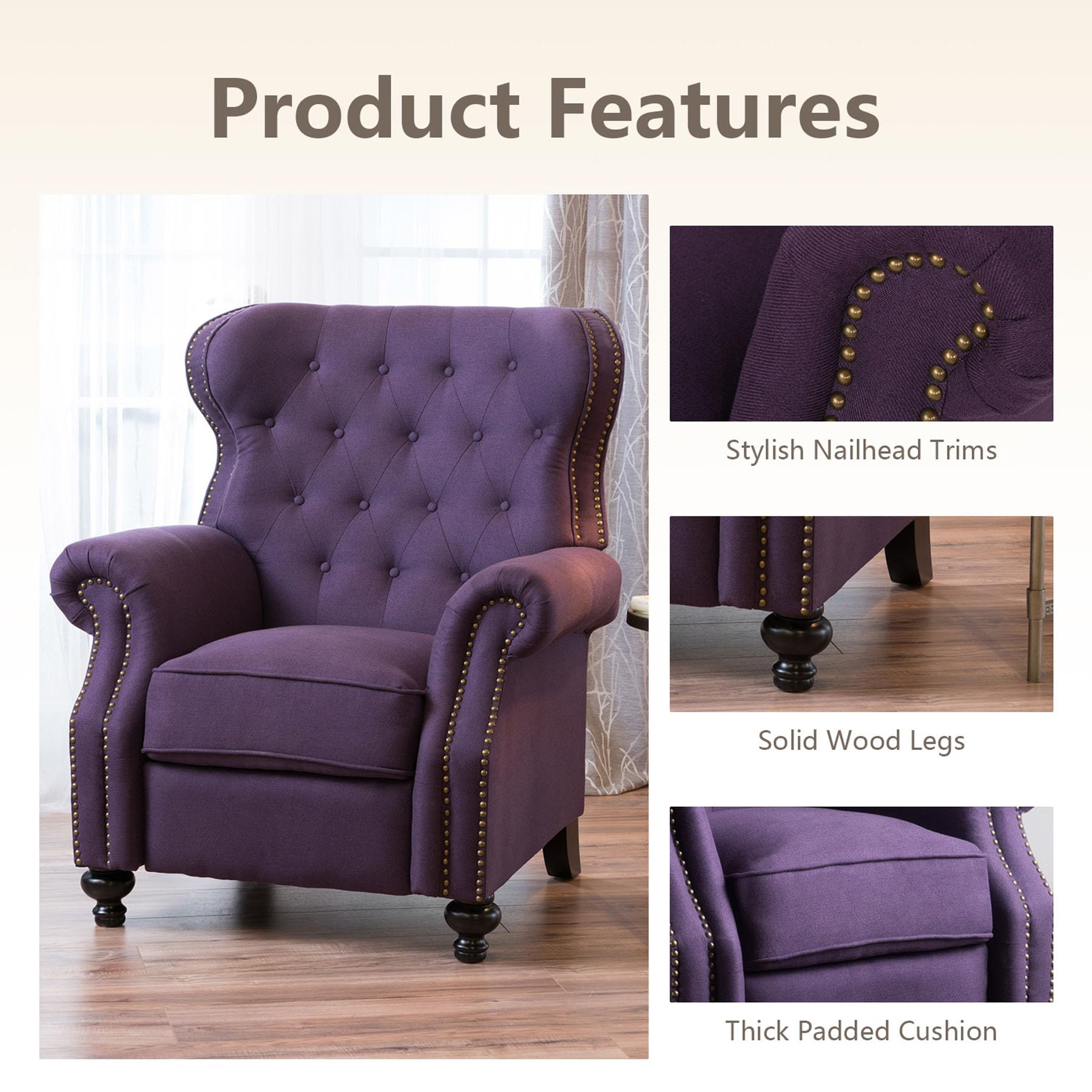 Purple Pushback Recliner Chair with Wingback Design