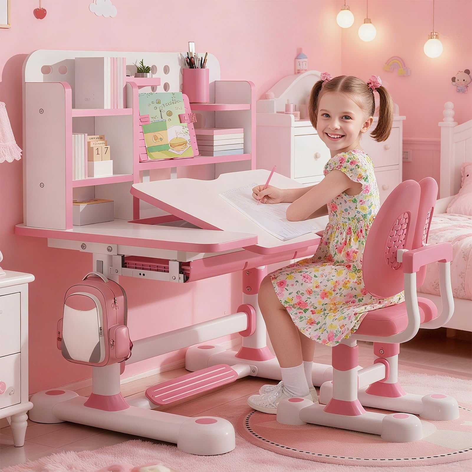 Height Adjustable Kids Study Desk and Chair Set