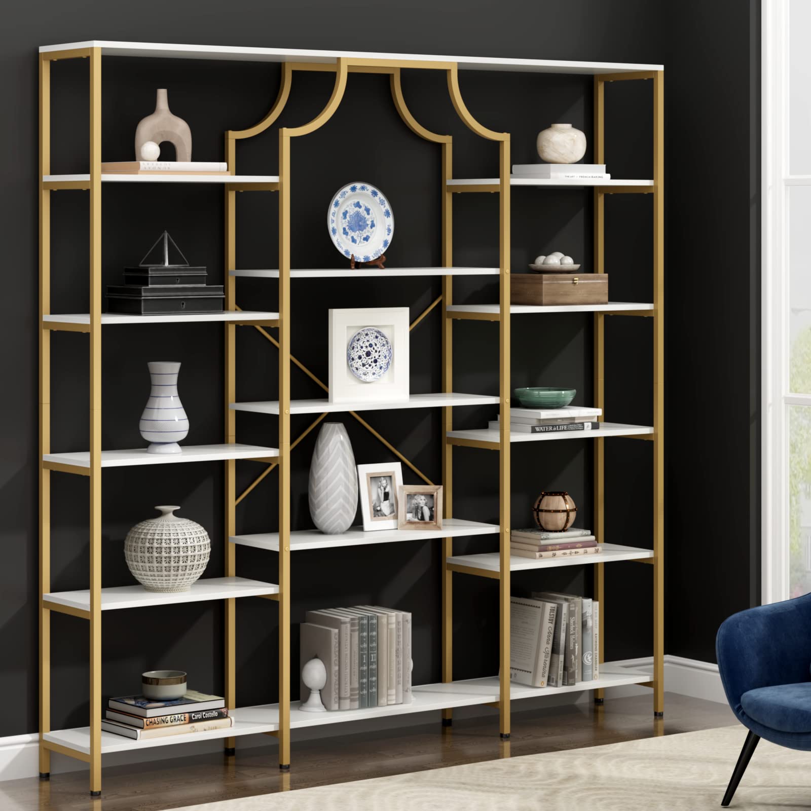 Triple Wide Bookshelf 70.87" Tall Etagere with 13 Open Shelves
