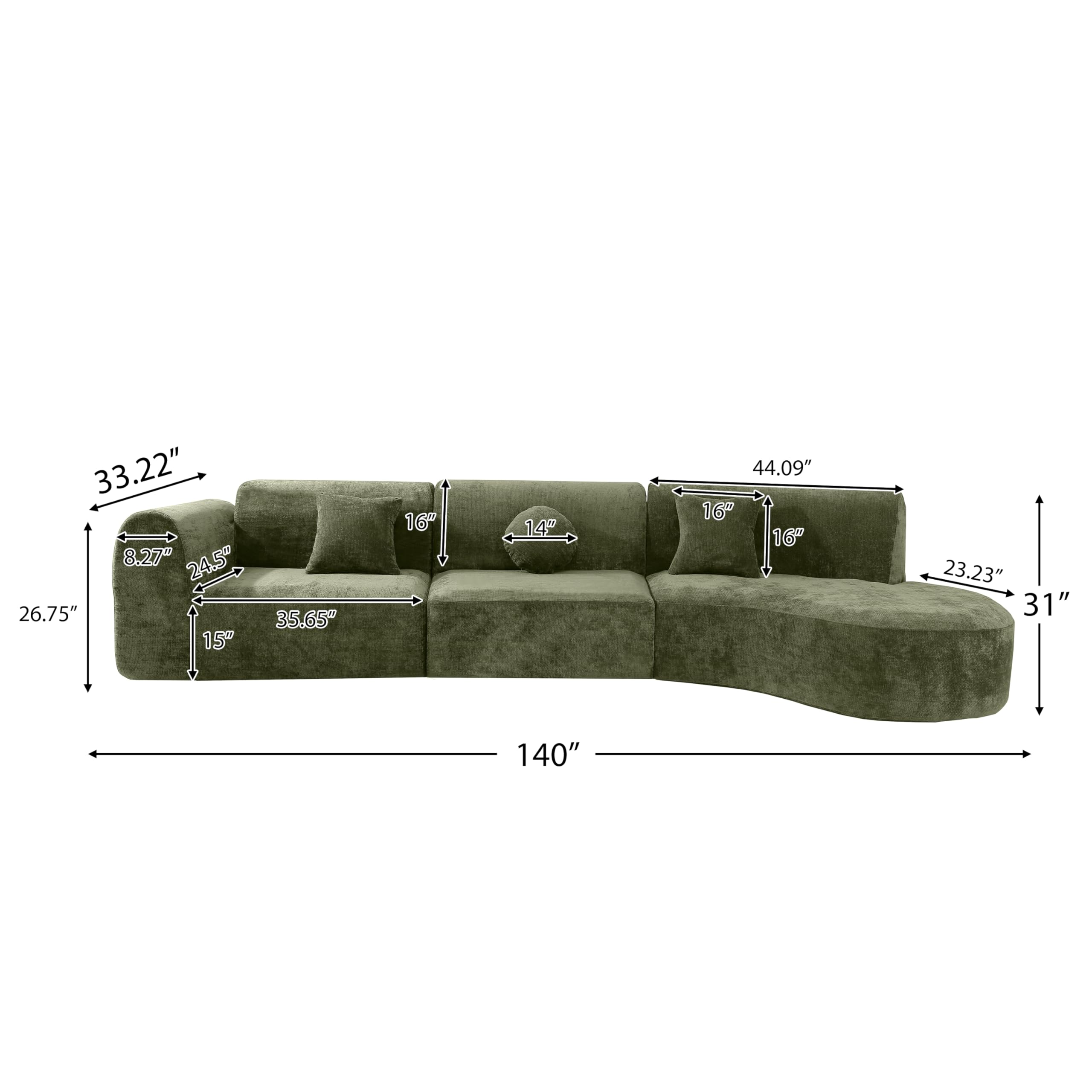 140" Curved Sectional Sofa Set with Chaise Lounge