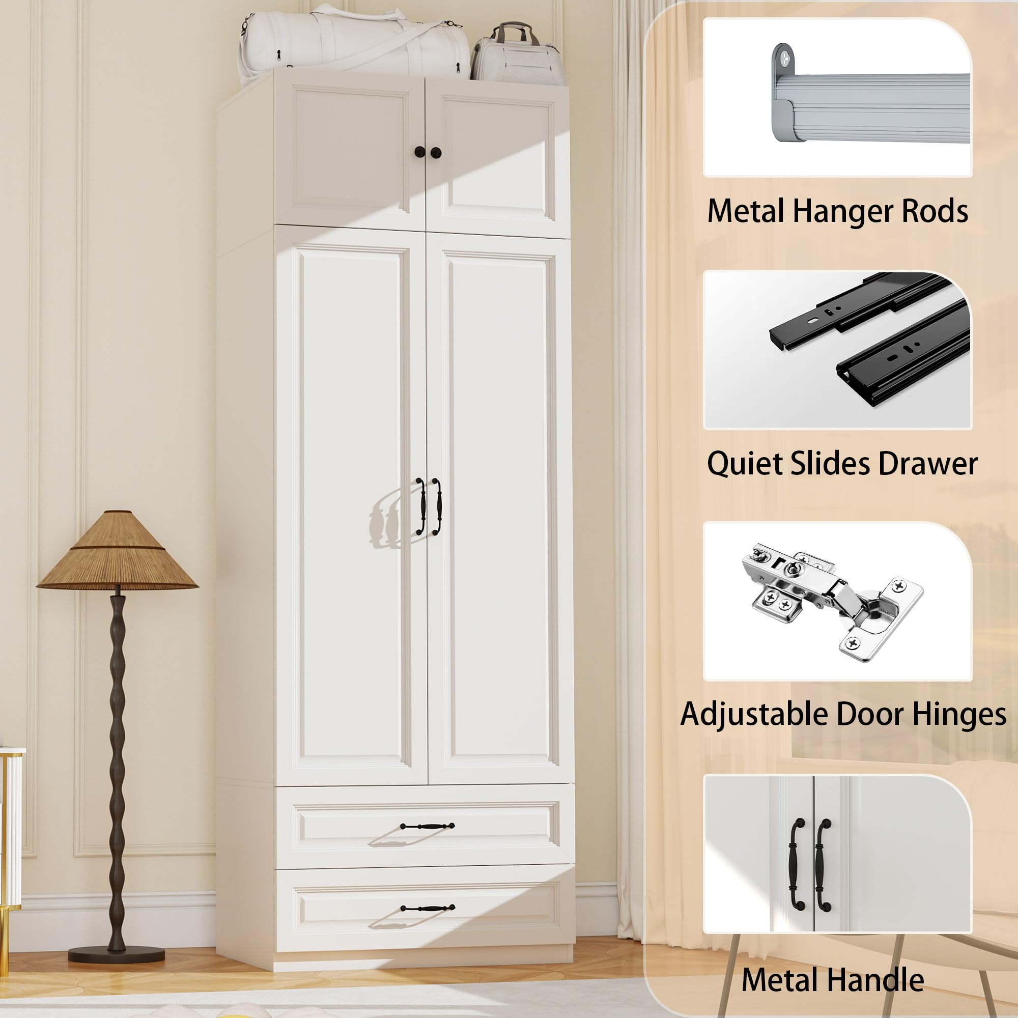 White Armoire Wardrobe Closet with Drawers and Hanging Rod