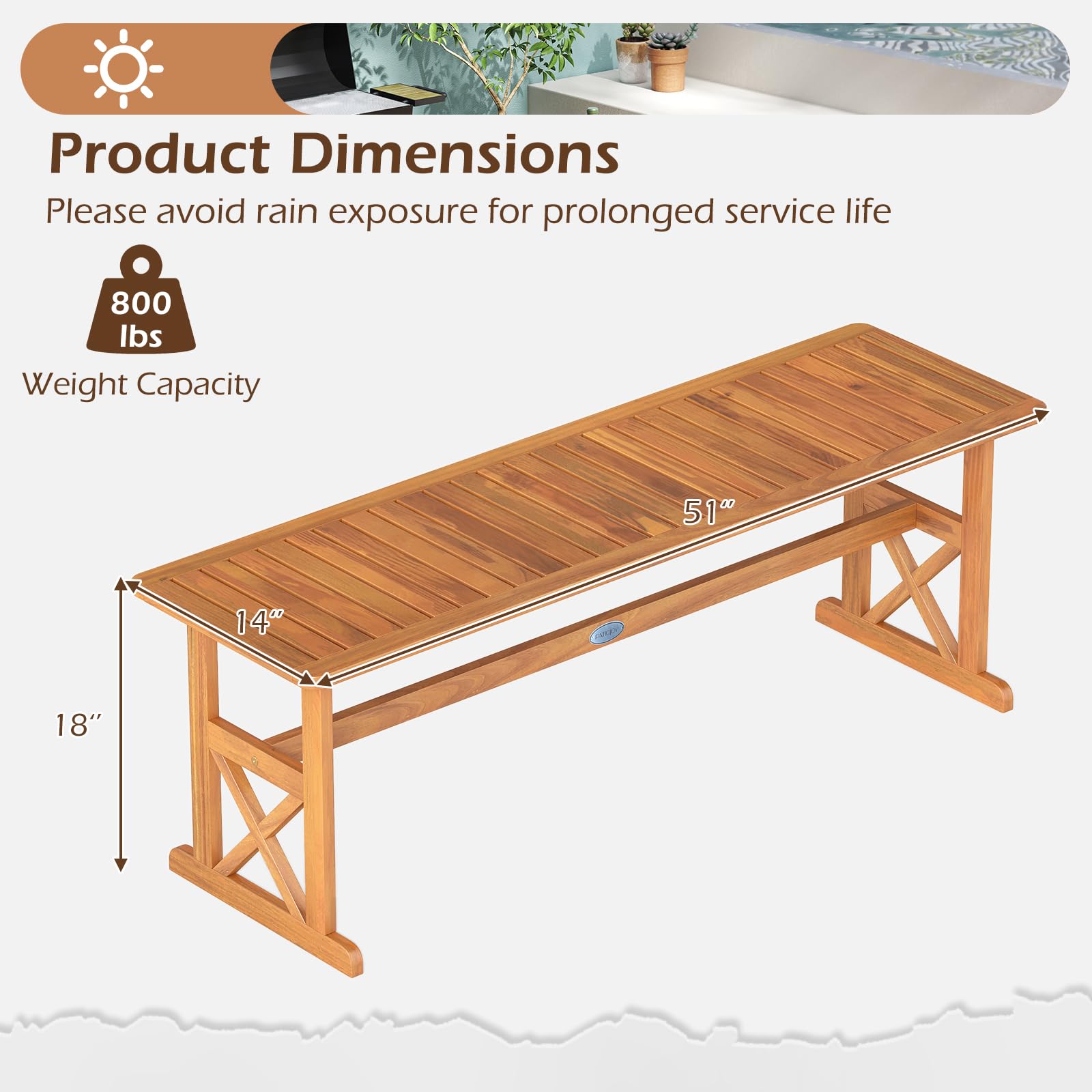 Acacia Wood Outdoor Bench Backless Patio Dining Seat