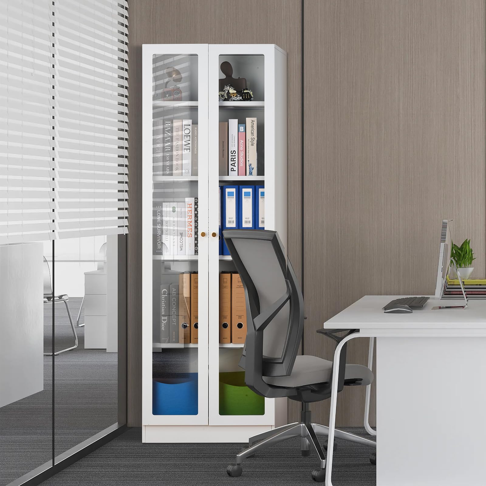 Modern Display Cabinet with Doors - 5-Tier Tall Bookcase