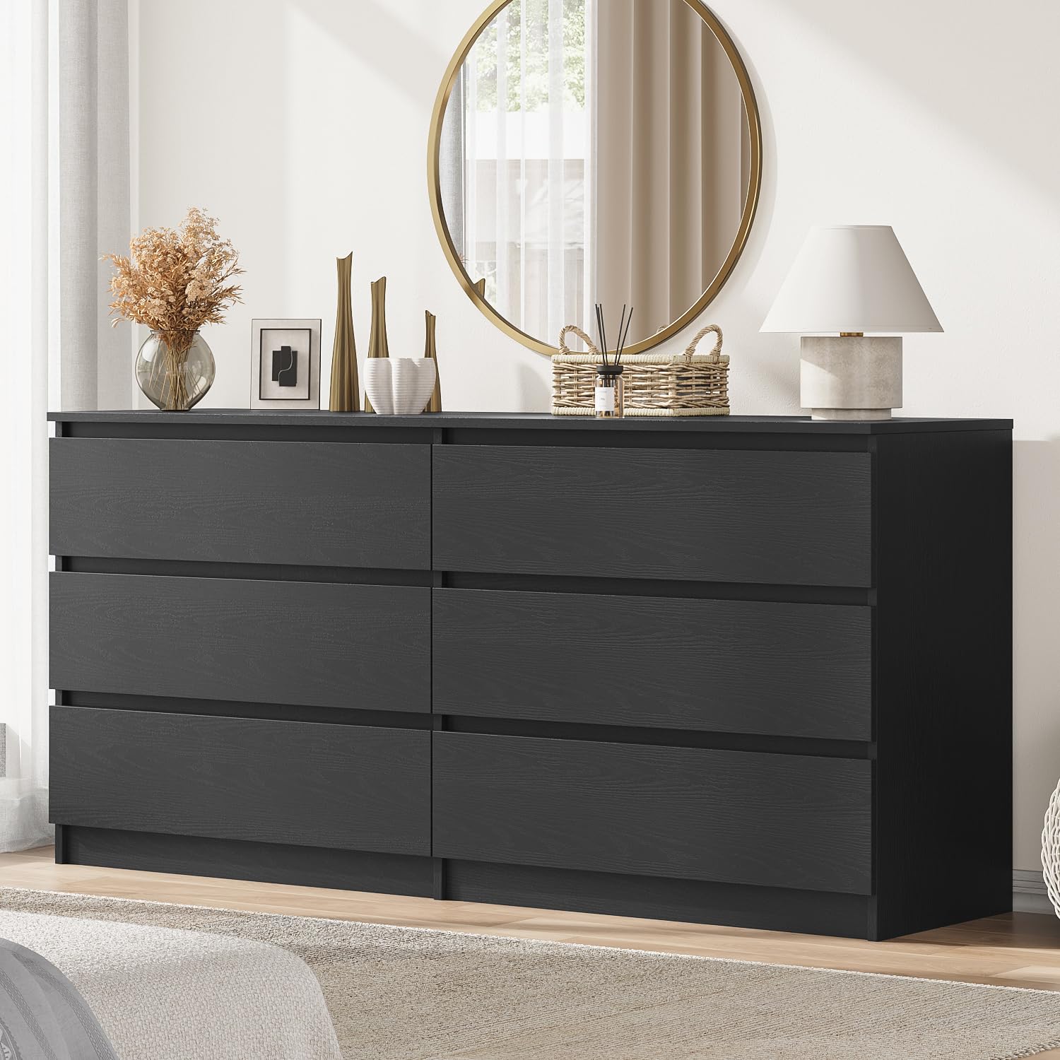 59 Inch Modern 6 Drawer Dresser Black