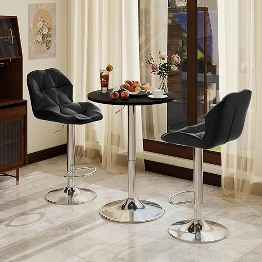 3-Piece Bar Table and Chairs Set - Height Adjustable Round Pub Table with Swivel Barstools