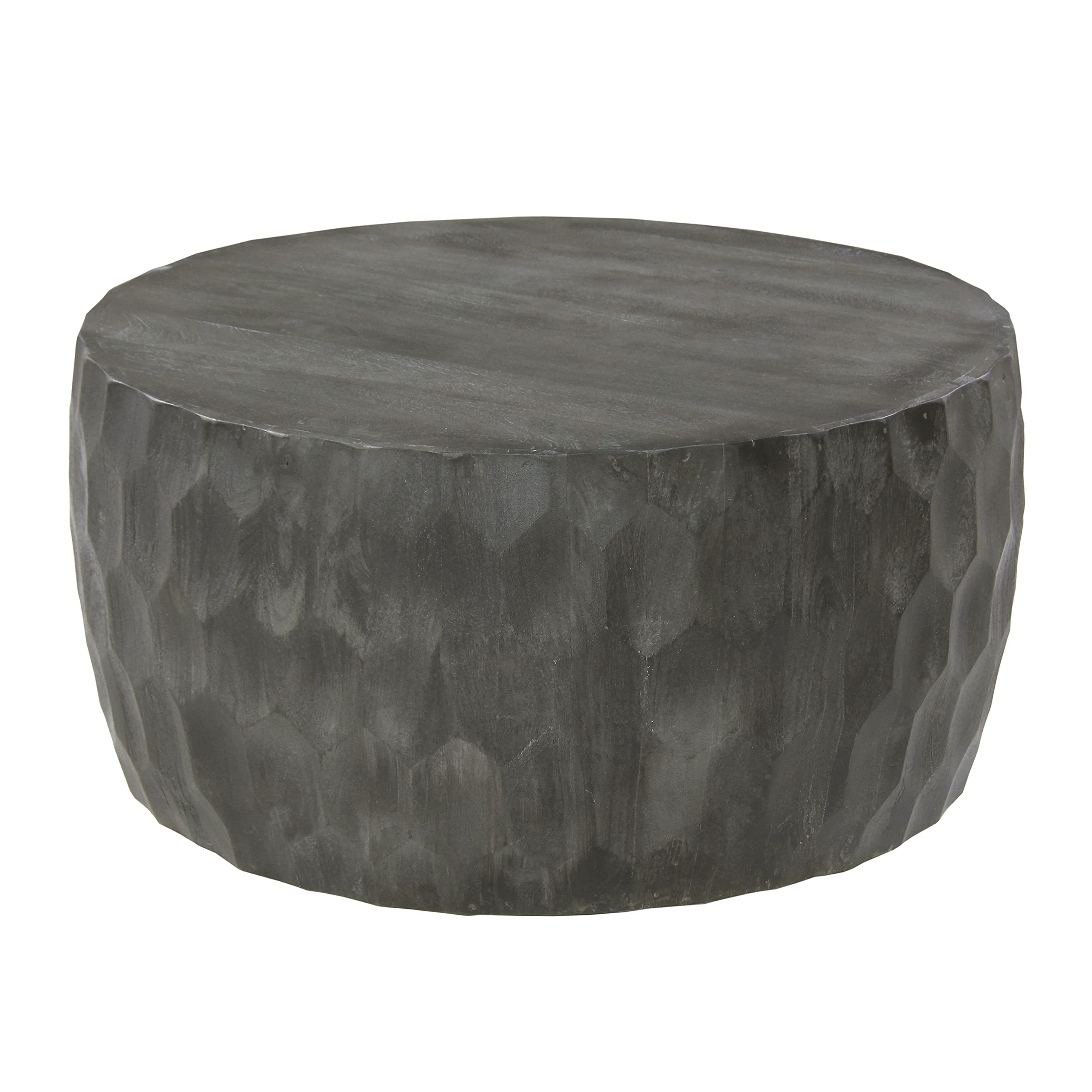 Wooden Round Drum Coffee Table with Geometric Carved Pattern