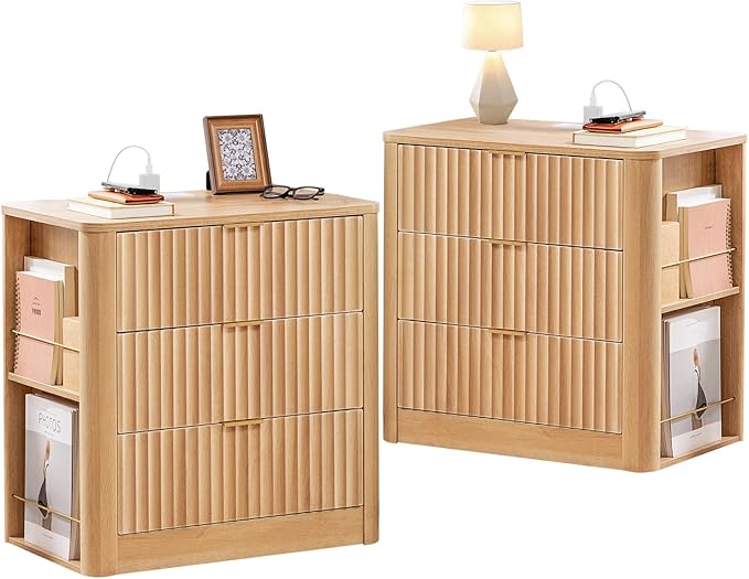 Fluted Nightstand with Charging Station and 3 Drawers