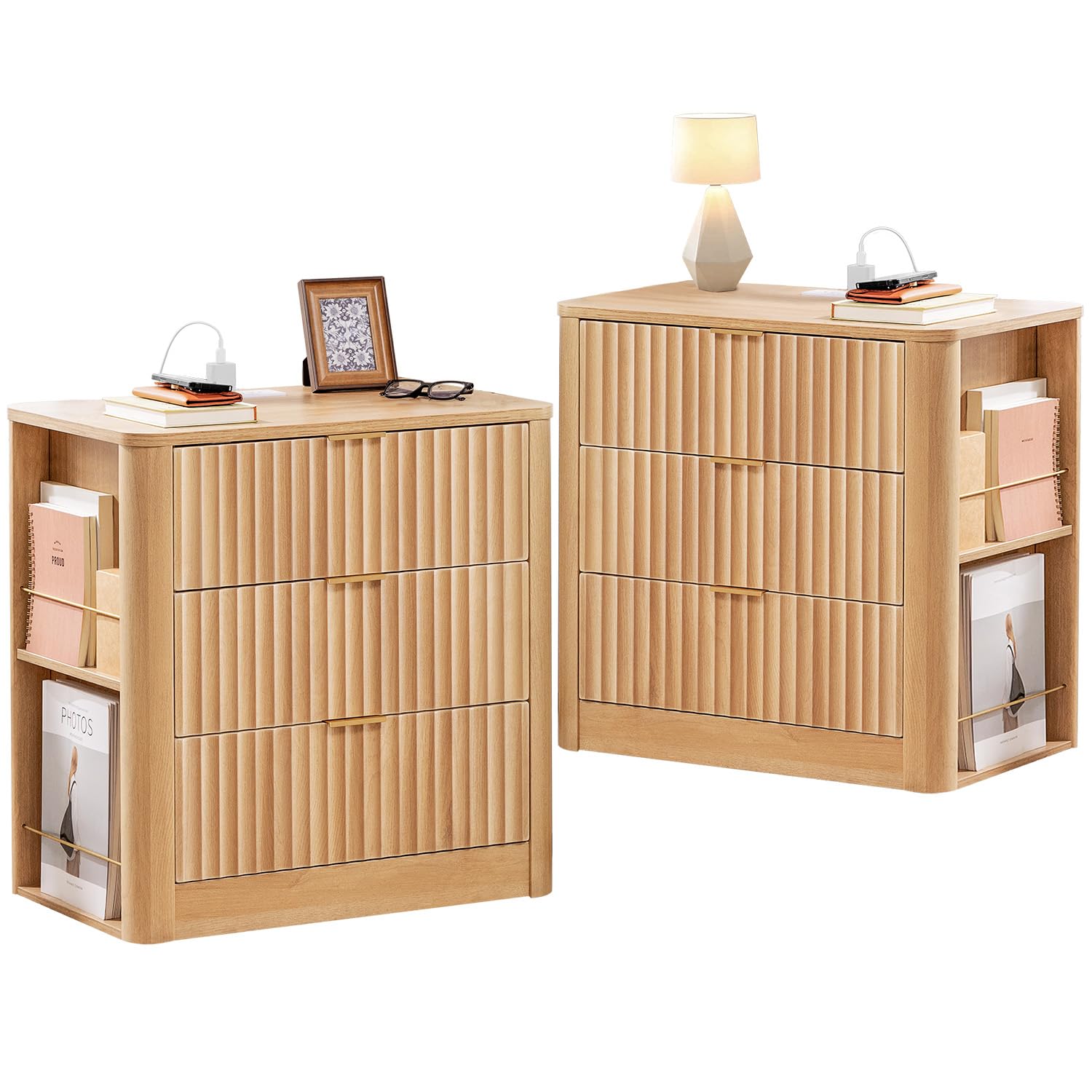 Fluted Nightstand Set with Charging Station