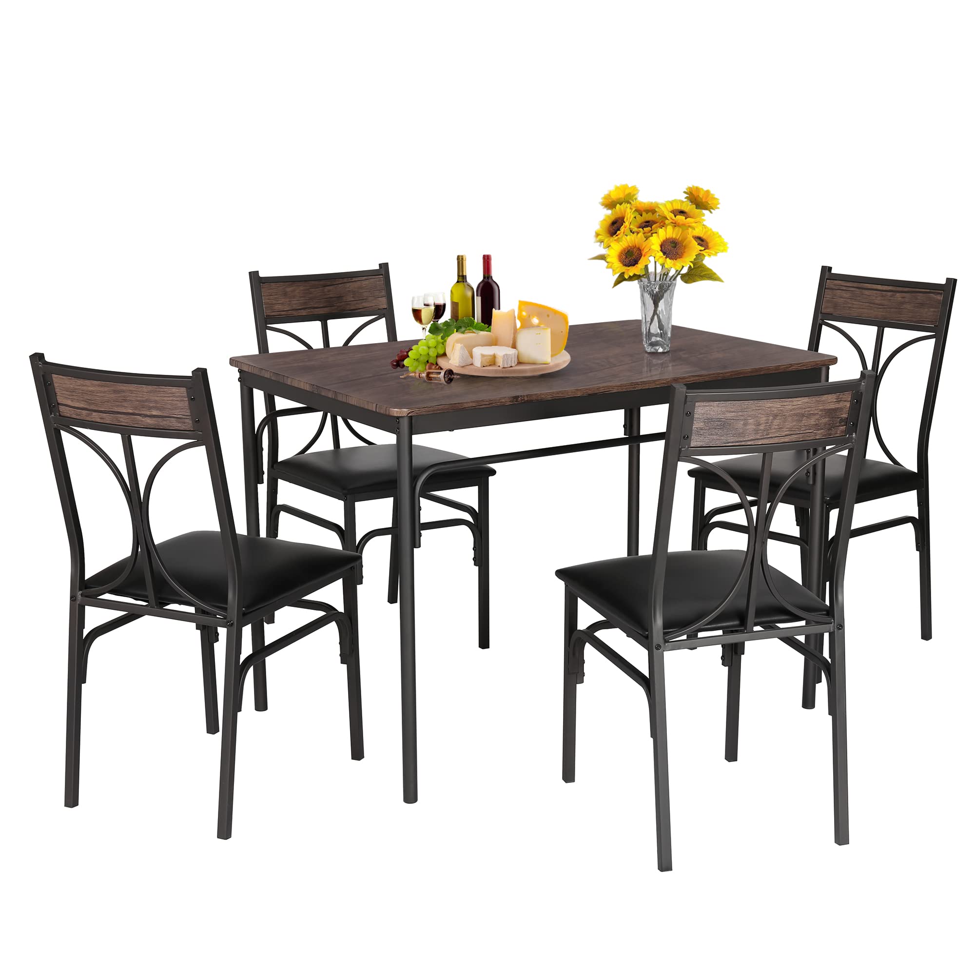 5 Piece Industrial Dining Table Set with 4 Chairs