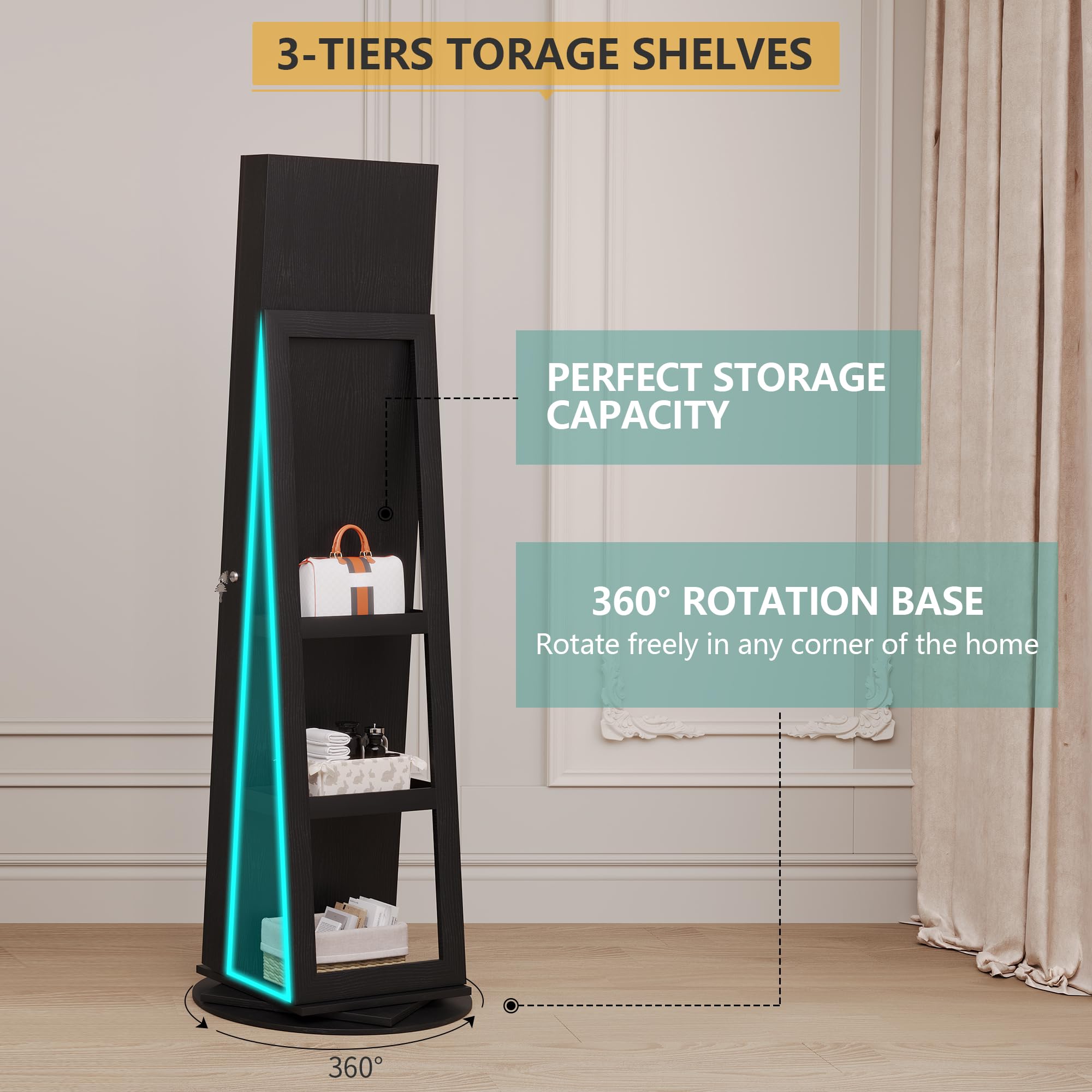 360° Swivel Mirror Jewelry Cabinet with Lights