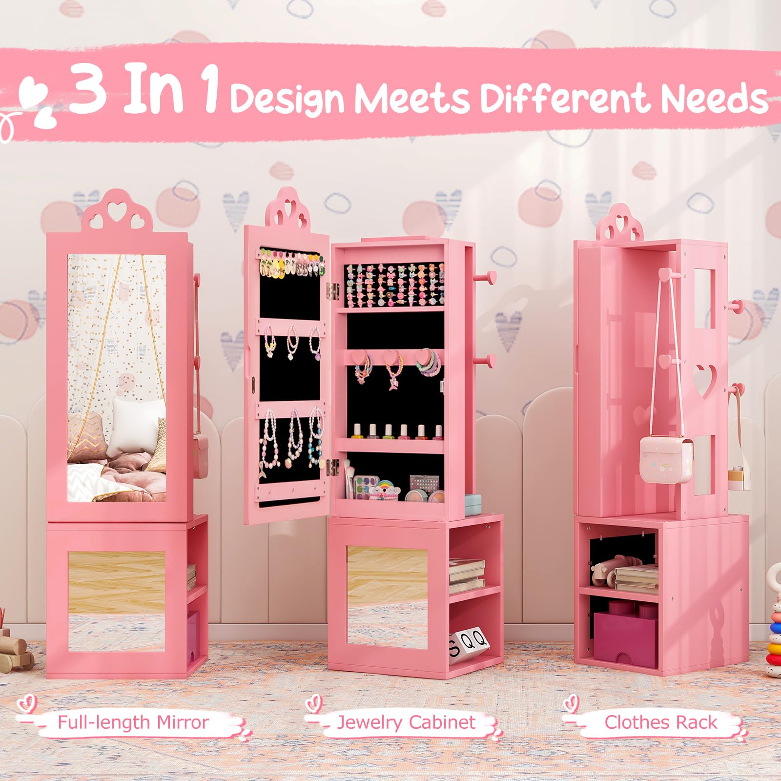 46" Kids Jewelry Armoire Cabinet with Full-Length Mirror