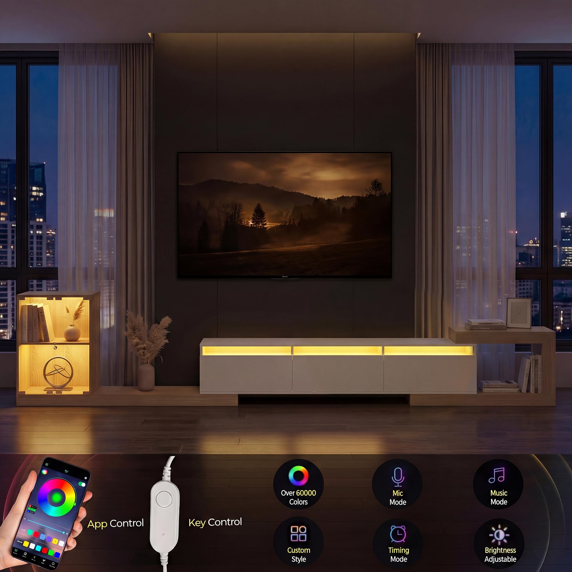 Extendable TV Stand with Glass Cabinet and LED Lighting
