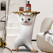 Whimsical Cat Statue Side Table with Gold Tray