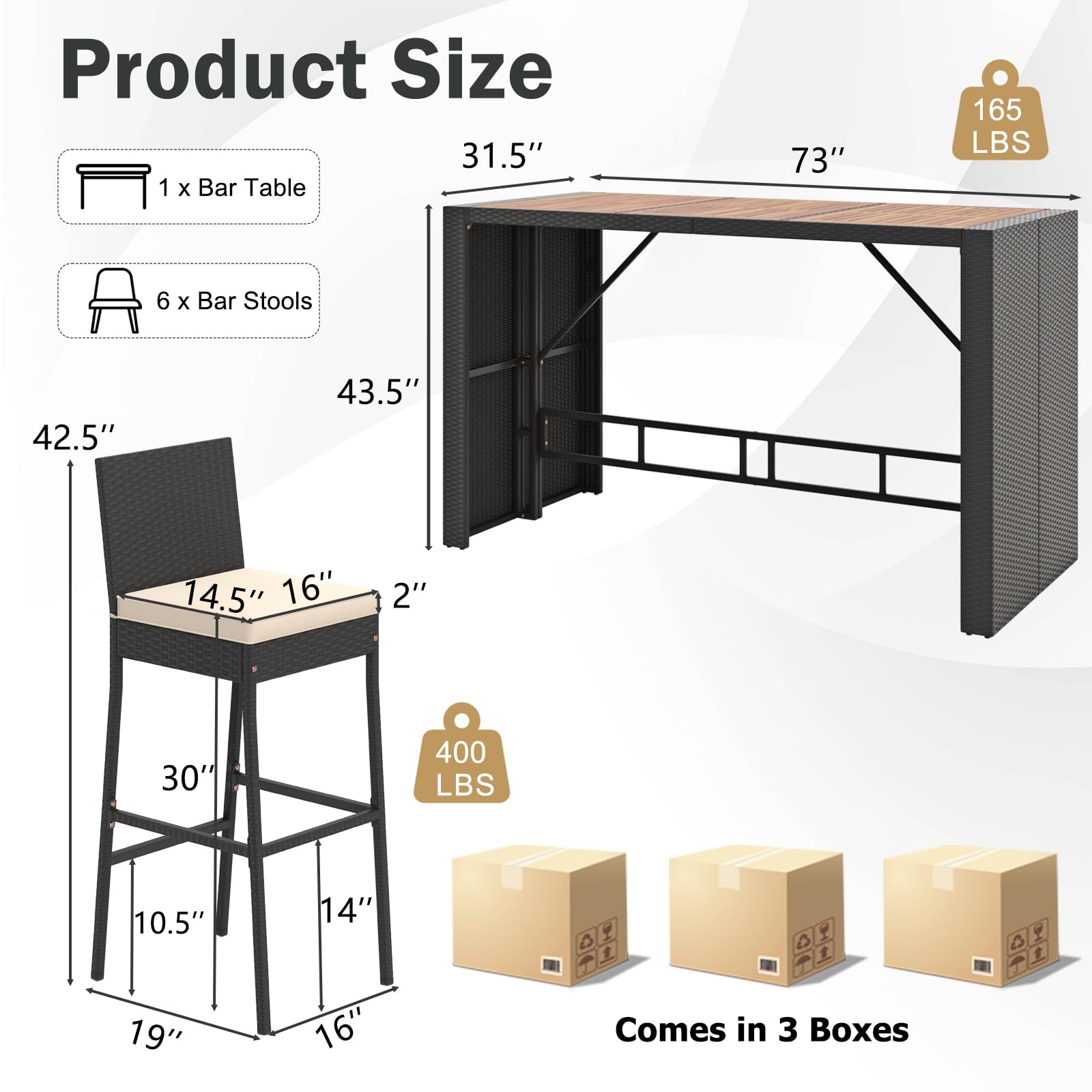 7-Piece Outdoor Bar Set with Acacia Wood Table and Wicker Stools