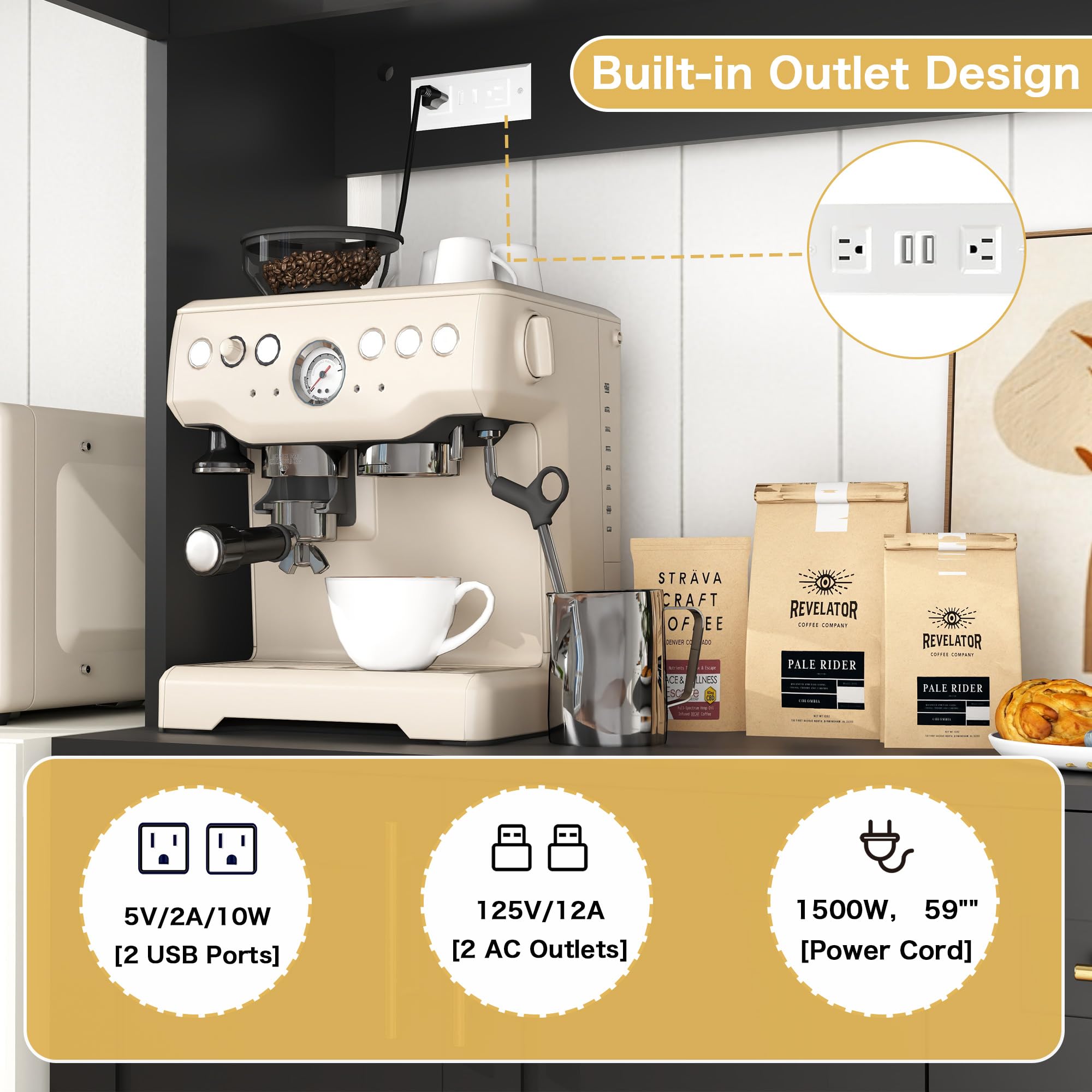 Kitchen Pantry Cabinet with Microwave Shelf and Charging Station
