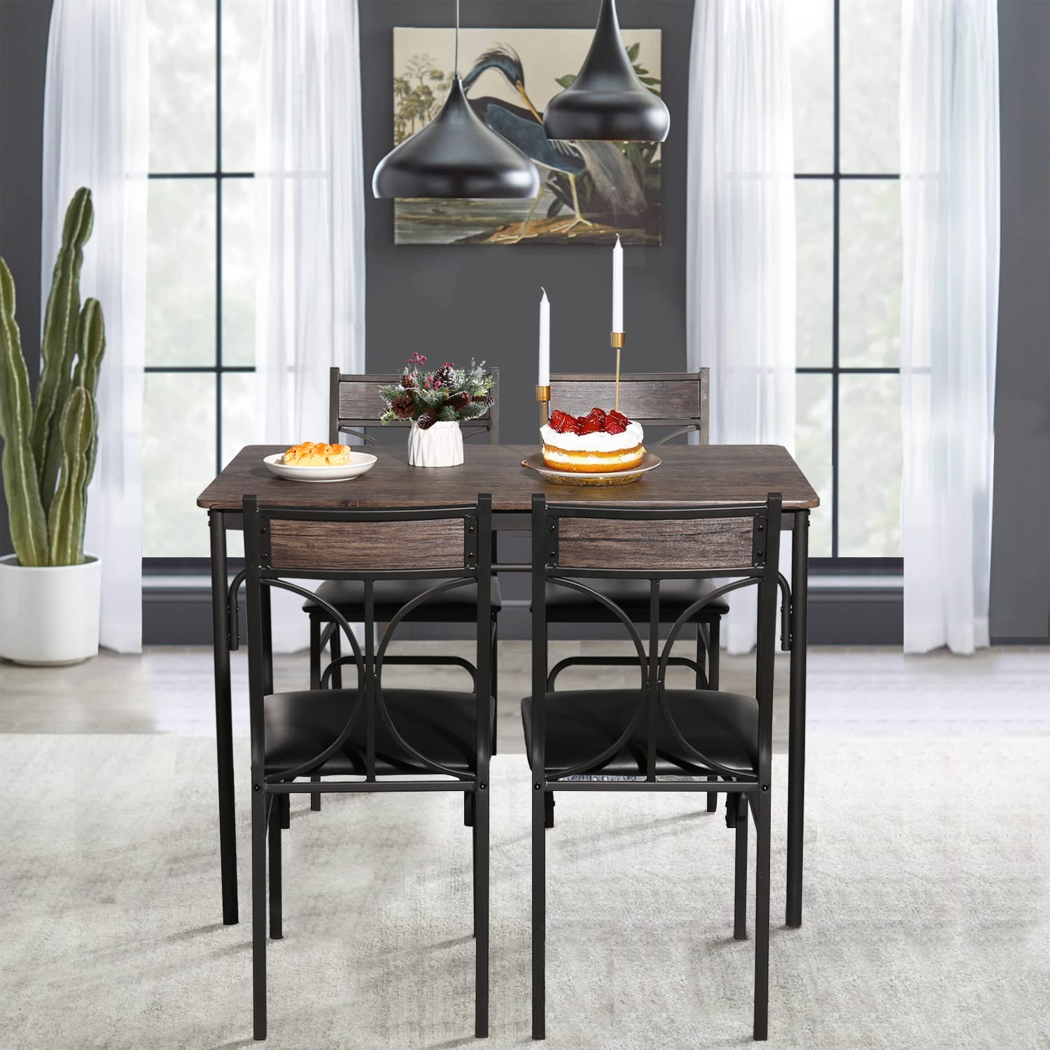 5 Piece Industrial Dining Table Set with 4 Chairs
