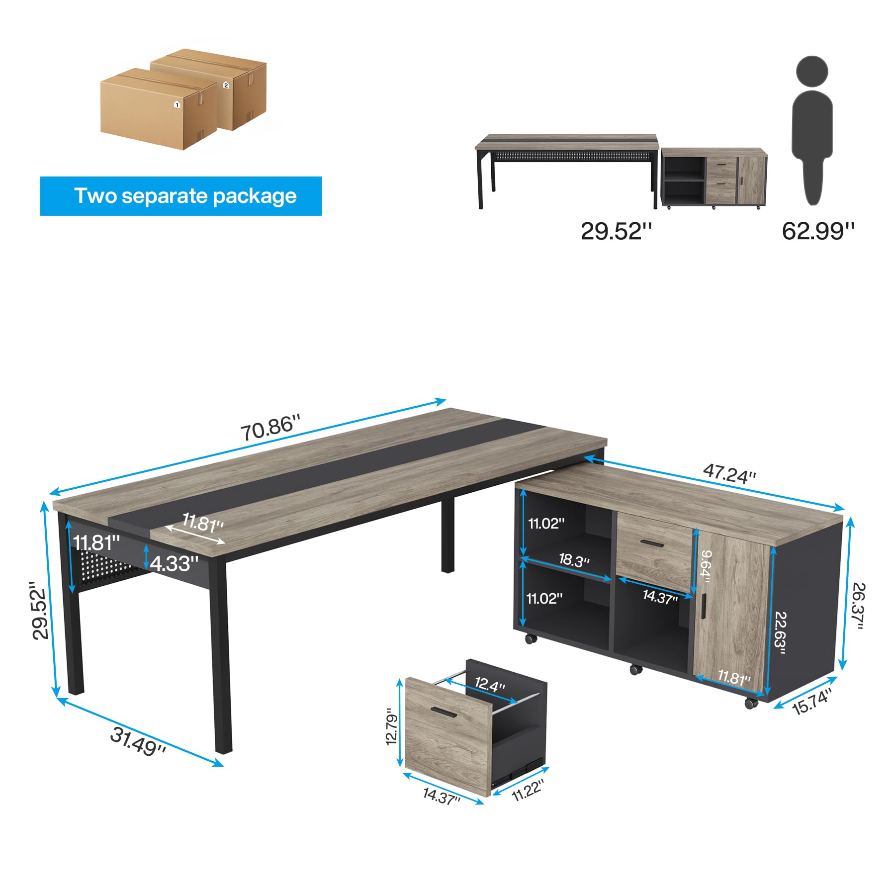 70.8" L-Shaped Executive Office Desk with File Cabinet Combo