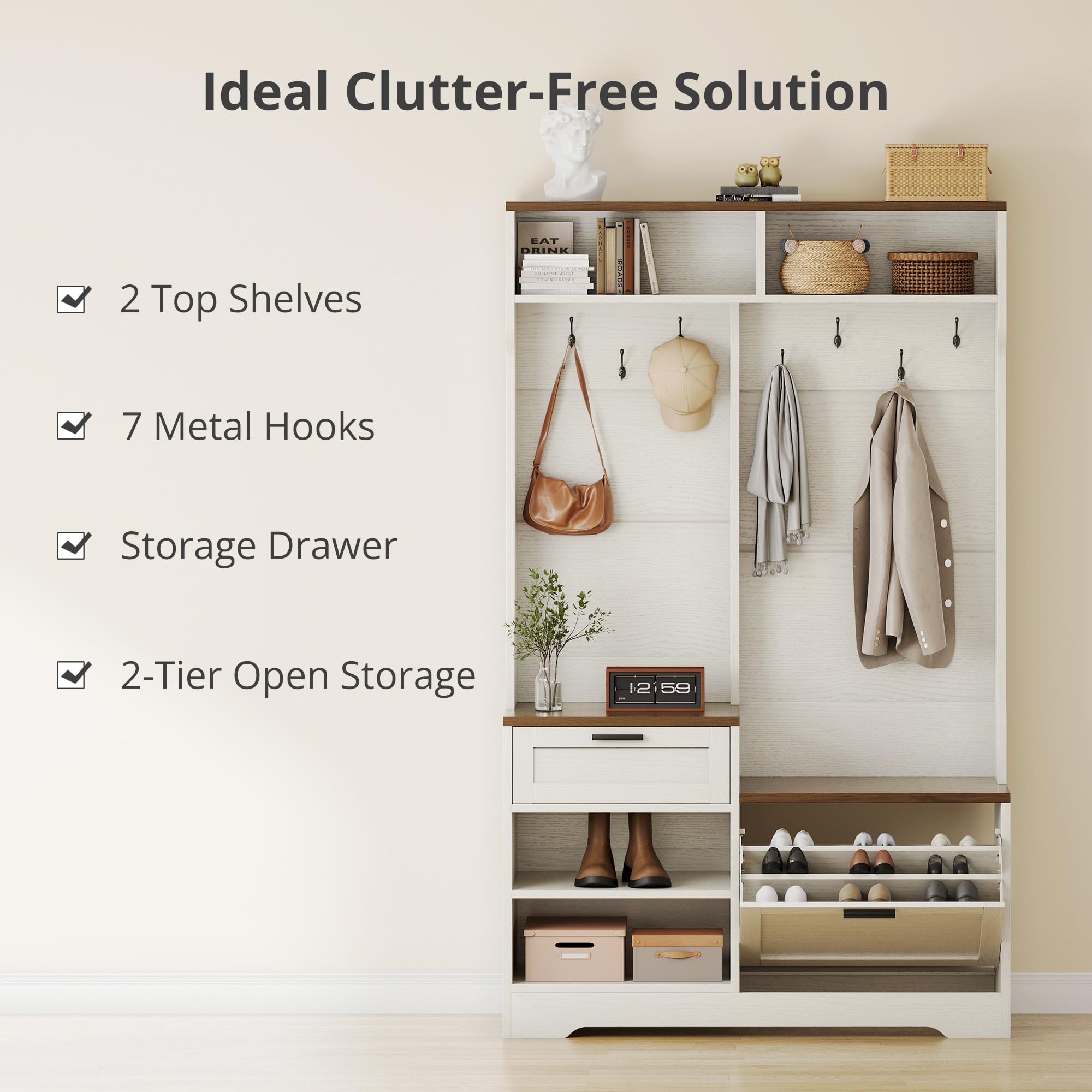 Modern Hall Tree with Bench Shoe Storage and 7 Hooks