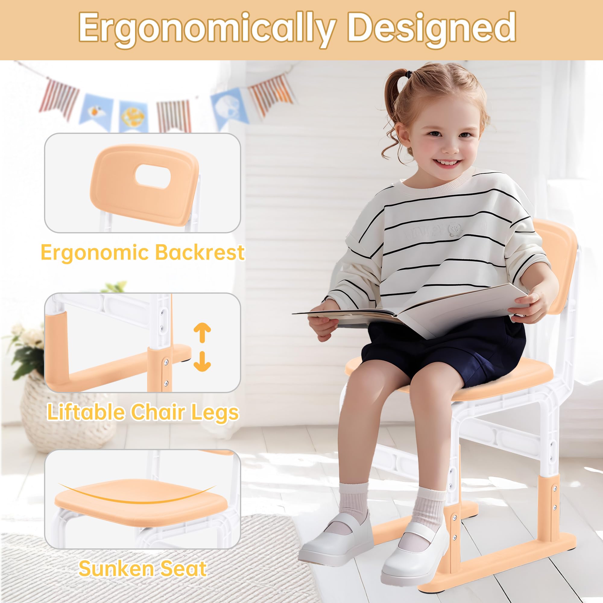 GITAWUSA Kids Desk and Chair Set, Height Adjustable Kids Table and Chairs, Study Table for 3-12 Years Boy and Girl, Student Writing Desk with Side Bookshelf and Storage for Bedroom/Study Room/School