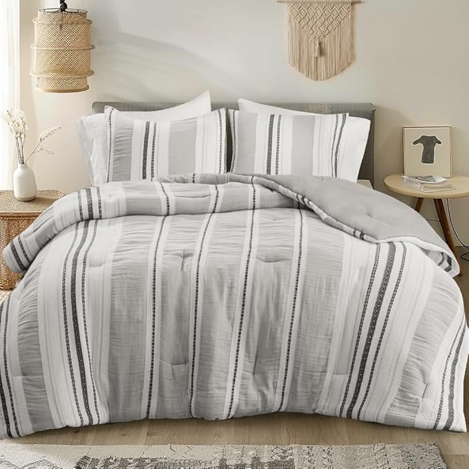 Farmhouse Comforter Set Full/Queen Ivory Striped Cotton 3-Piece