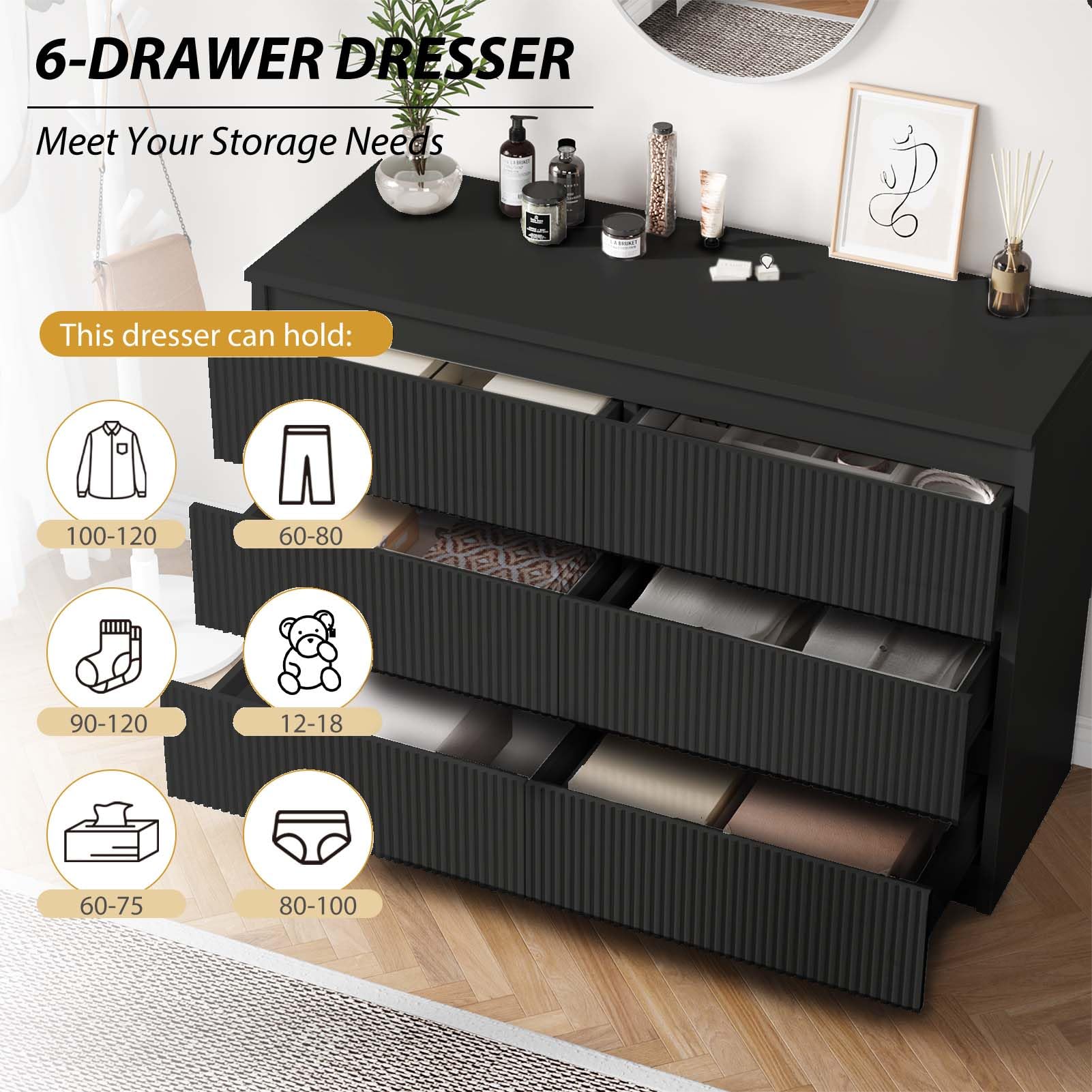 Modern 6 Drawer Dresser with Fluted Design