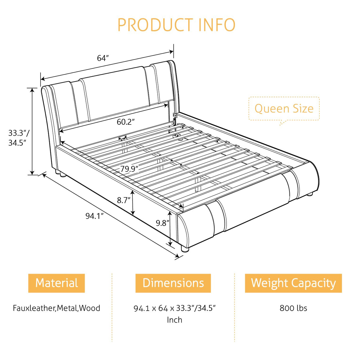 Modern Faux Leather Queen Bed Frame with Adjustable Headboard