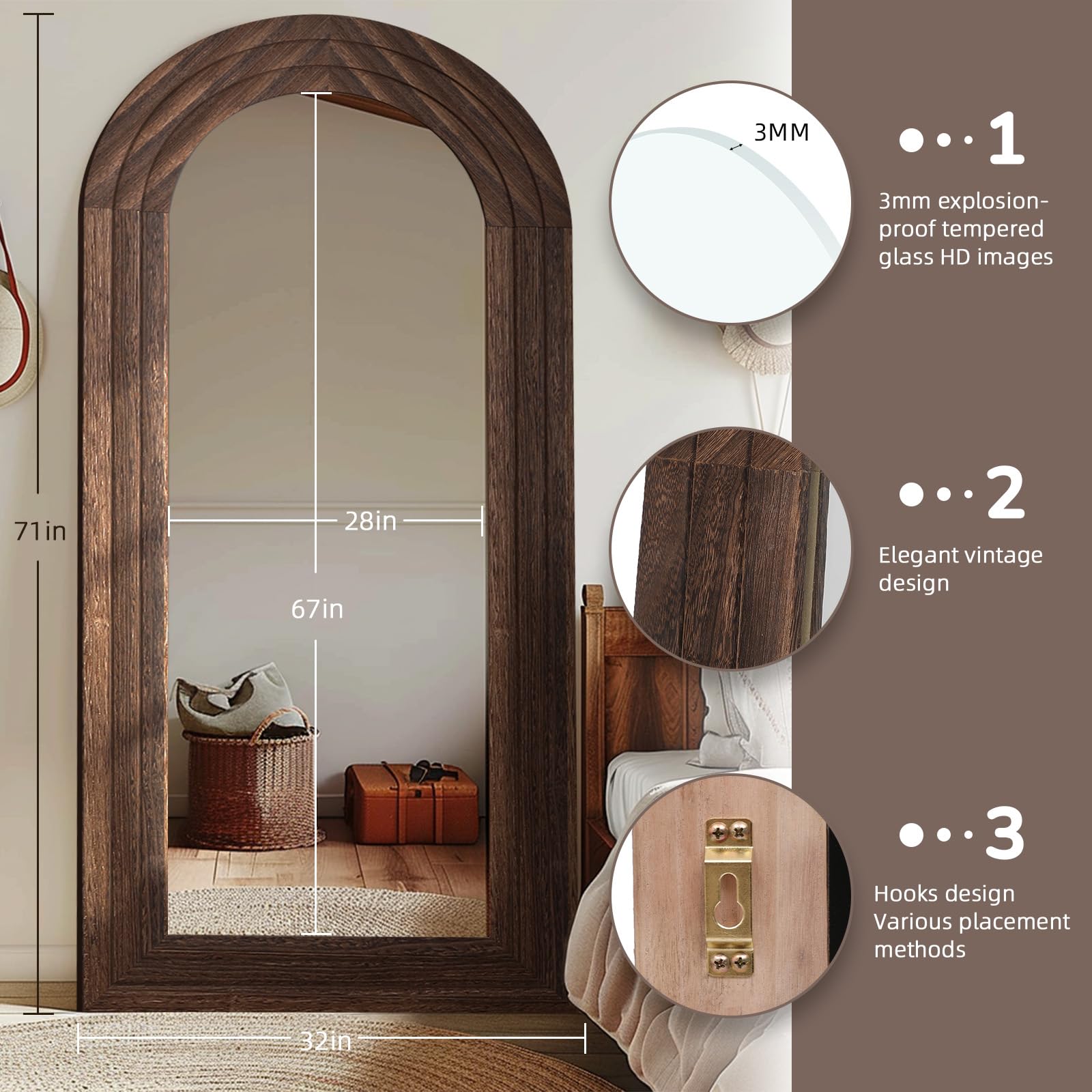 Arched Full Length Mirror with Solid Wood Frame