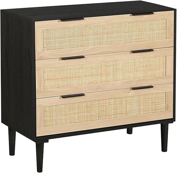 3 Drawer Rattan Dresser with Wood Oak Storage