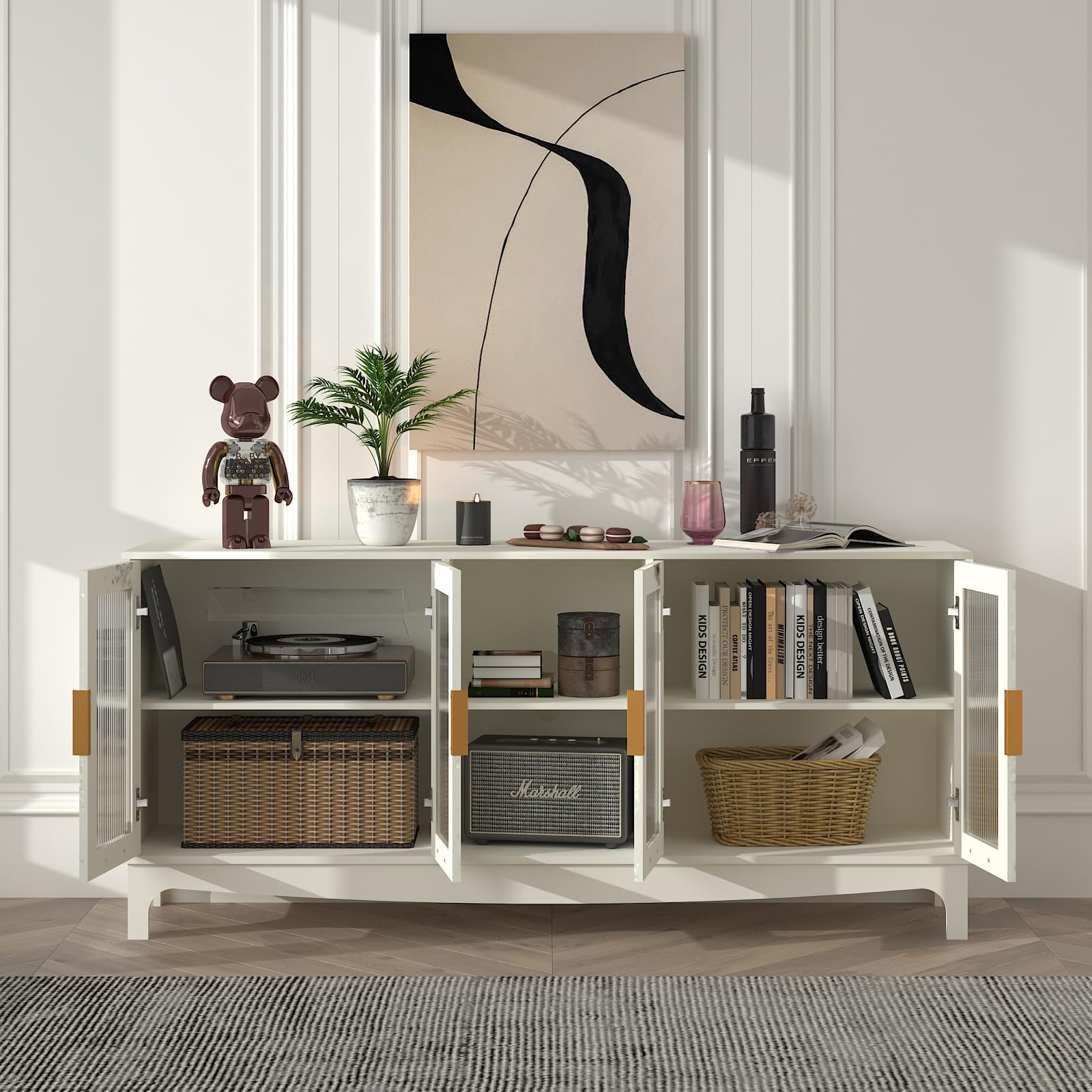 65 Inch White TV Stand with Glass Door Storage Cabinet
