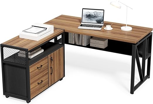 55" L-Shaped Executive Desk with Lateral File Cabinet