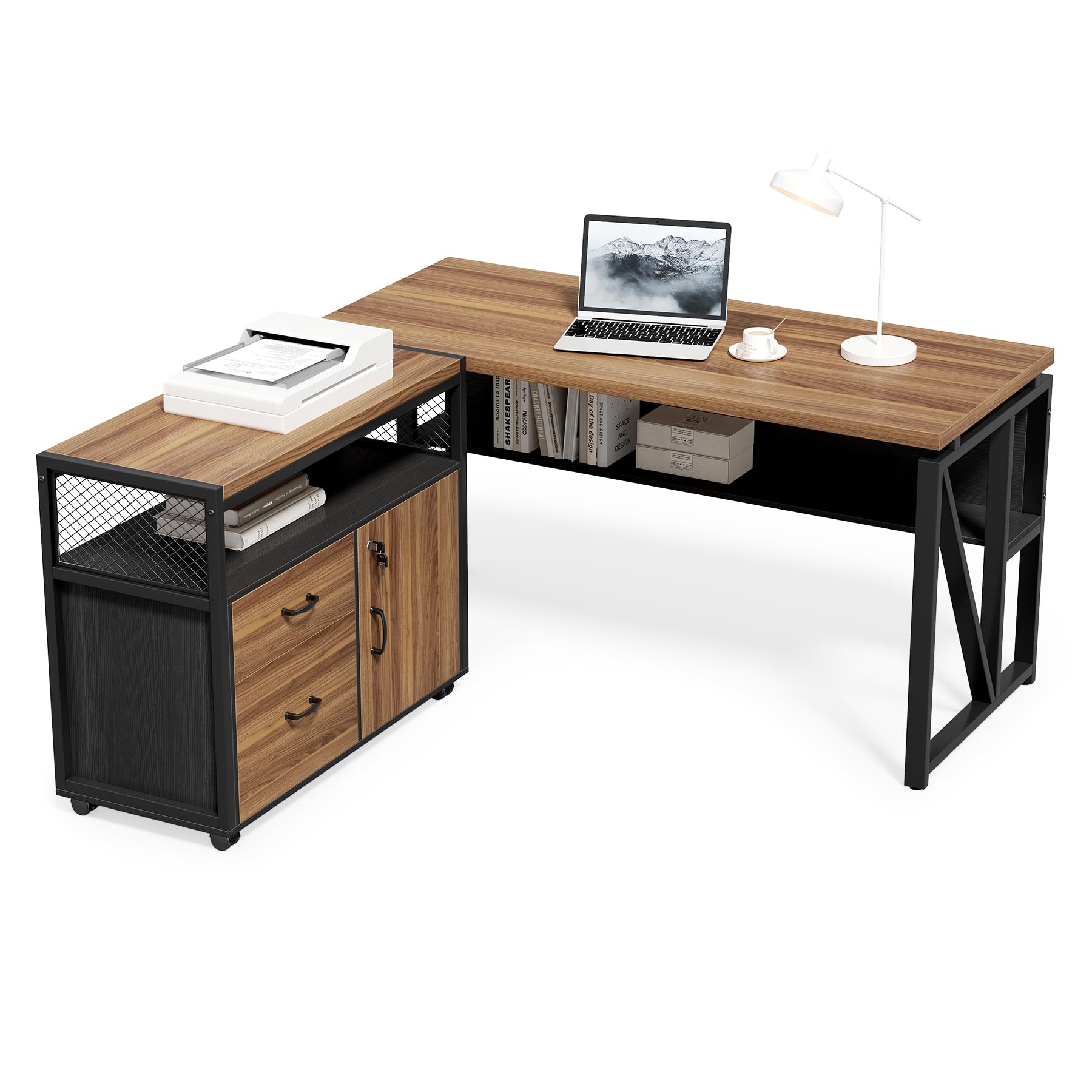 55" Executive L-Shaped Computer Desk with Lateral File Cabinet