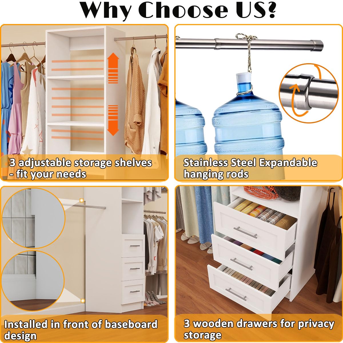 Custom Closet Organizer System with Drawers and Hanging Rods